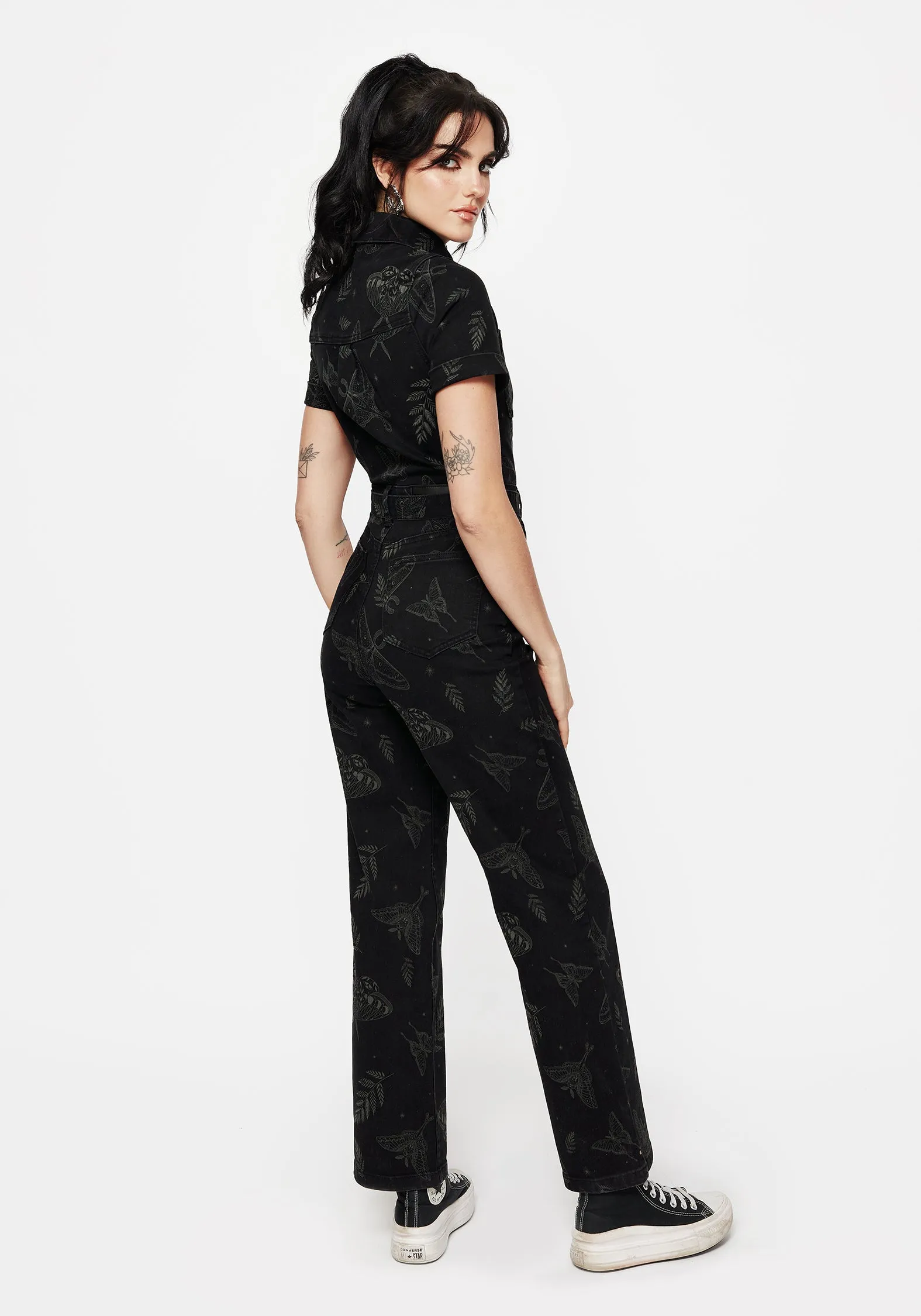 Callopistria Moth Print Denim Jumpsuit