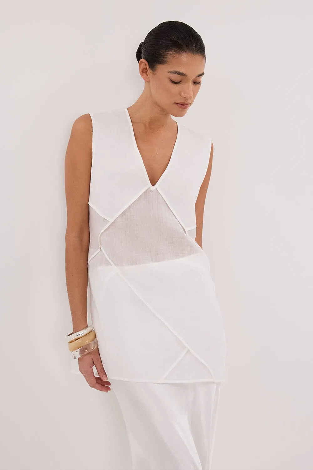 CARMEL WHITE RAMIE V NECK TOP