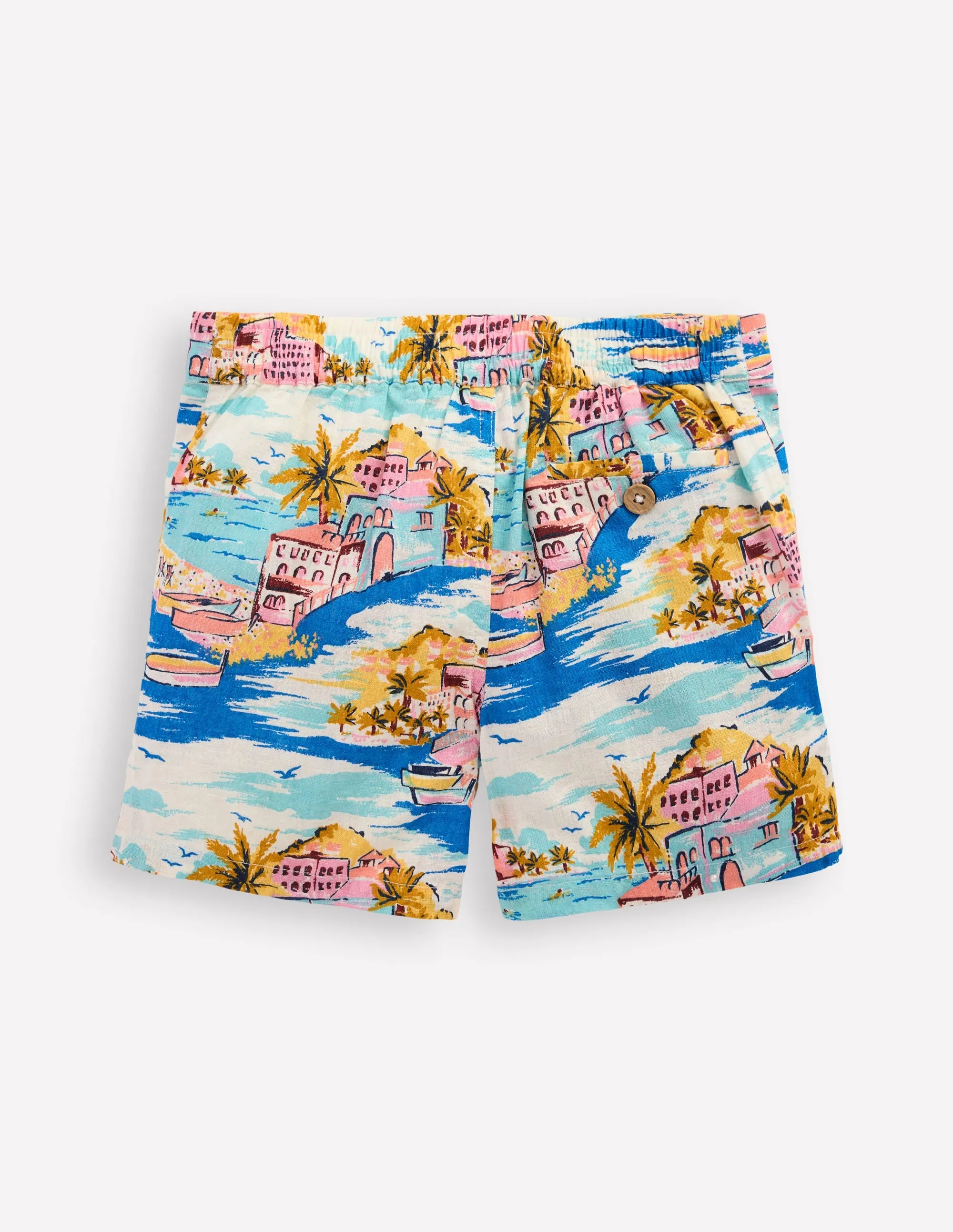 Cotton Linen Shorts-Multi Coastal Scene