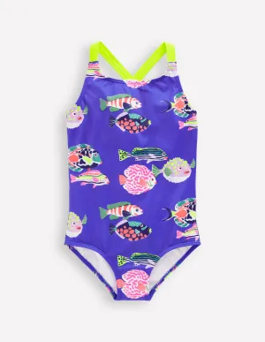 Cross-back Printed Swimsuit-Blue Heron Fish