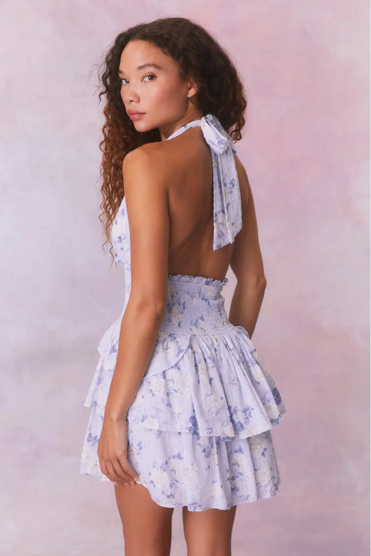 Deanna Fragrance Print Halter Mini Dress-WHISPER BLUE