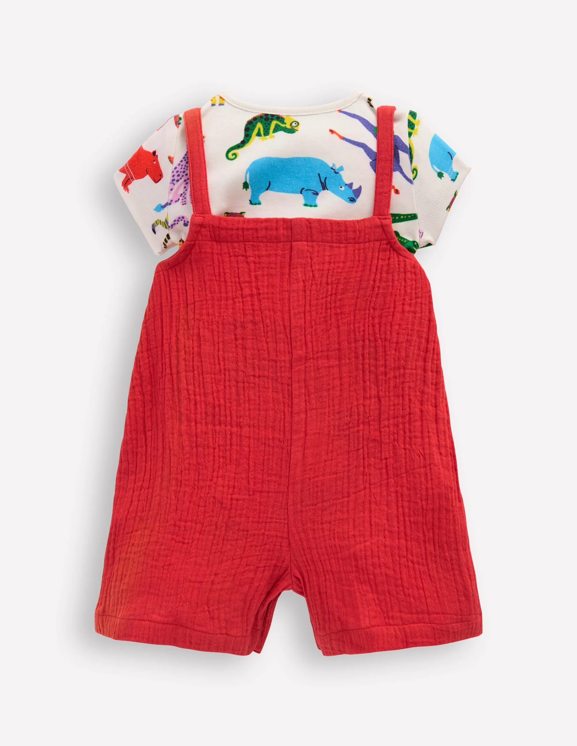 Double Cloth Dungaree Set-Poppy Red Jungle