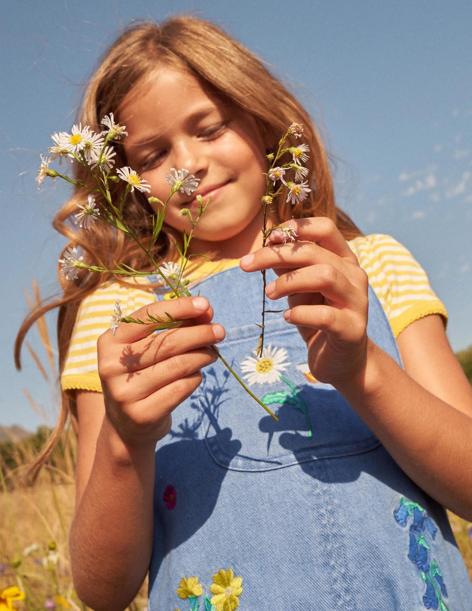 Embroidered Short Dungaree-Mid Vintage Denim Floral