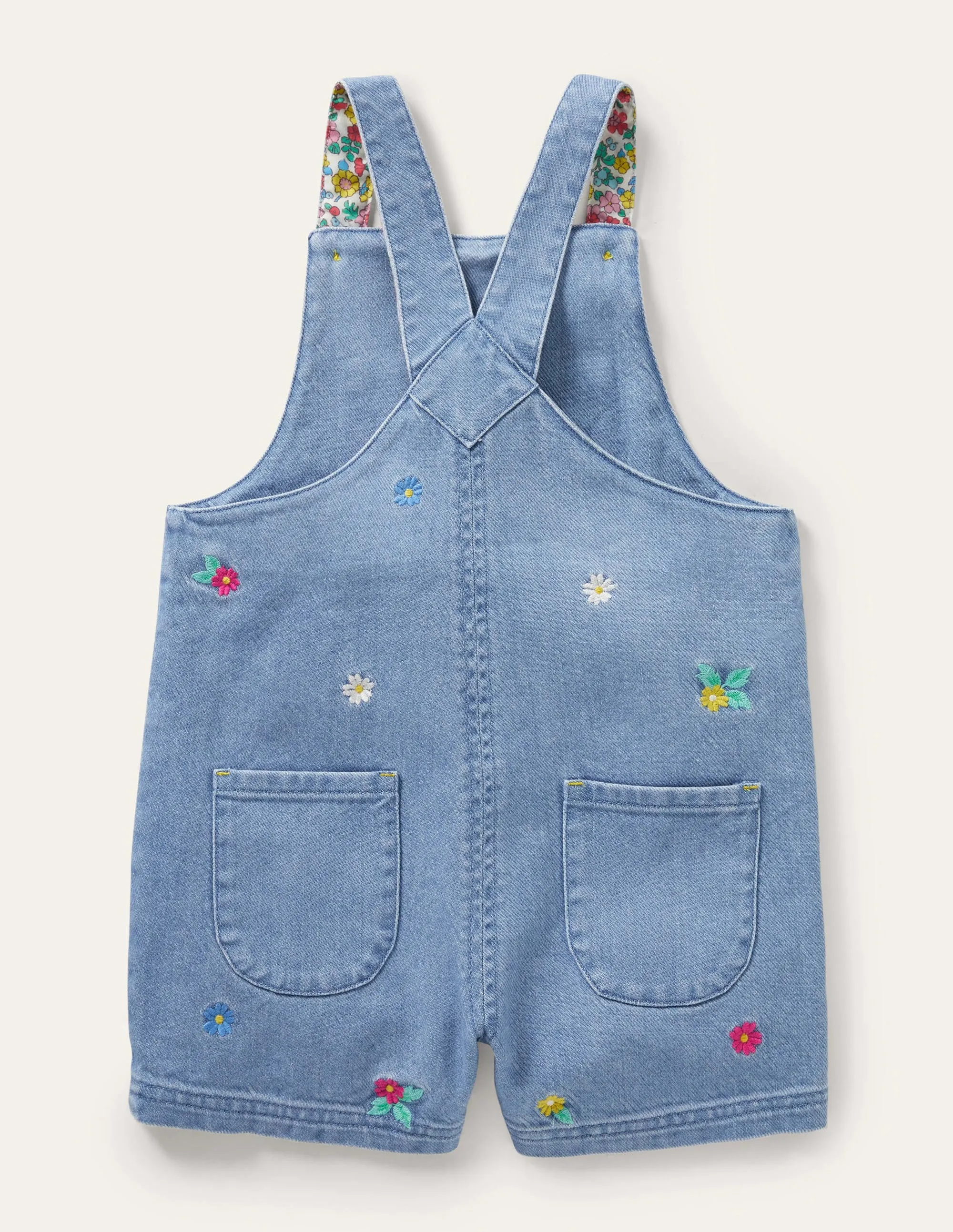 Embroidered Short Dungaree-Mid Vintage Denim Floral