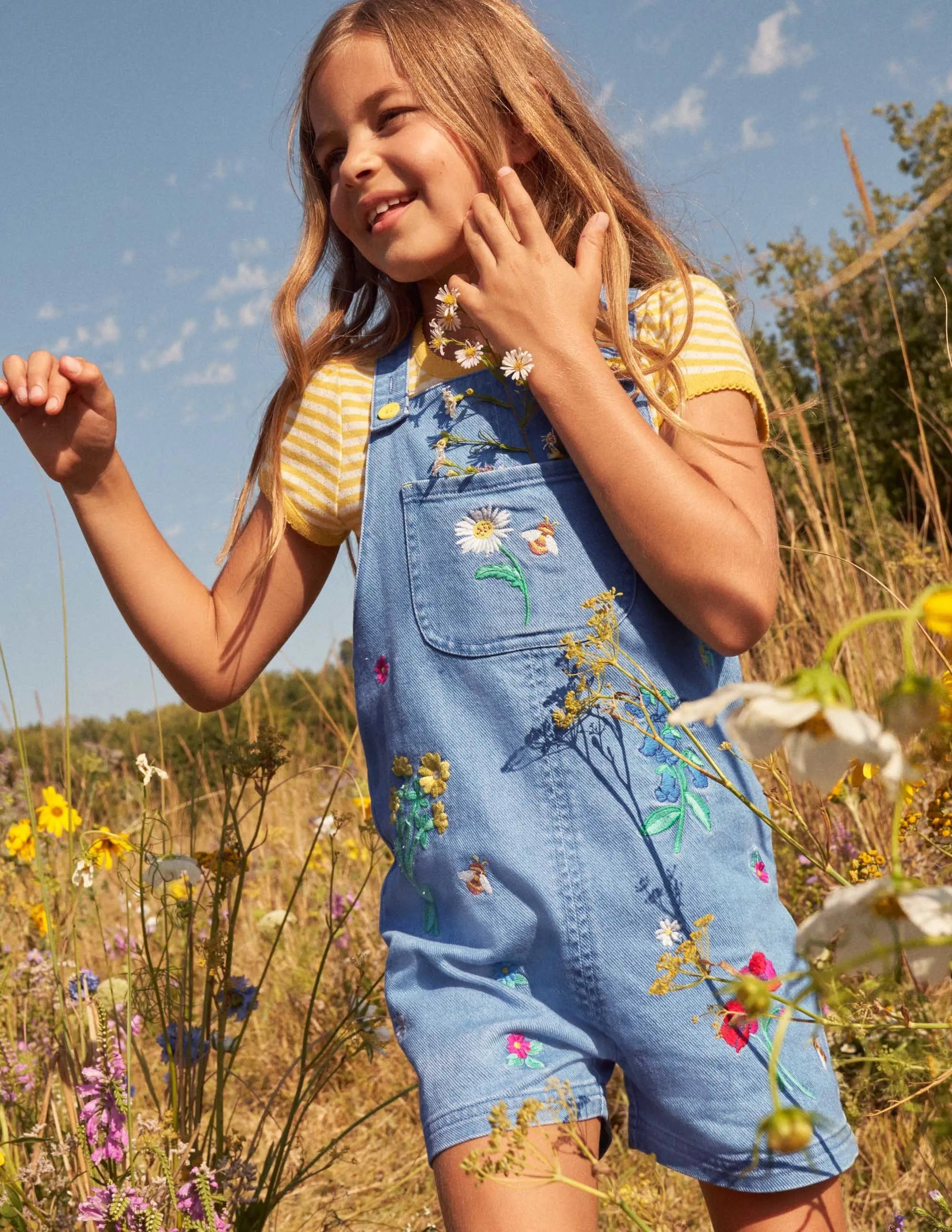 Embroidered Short Dungaree-Mid Vintage Denim Floral