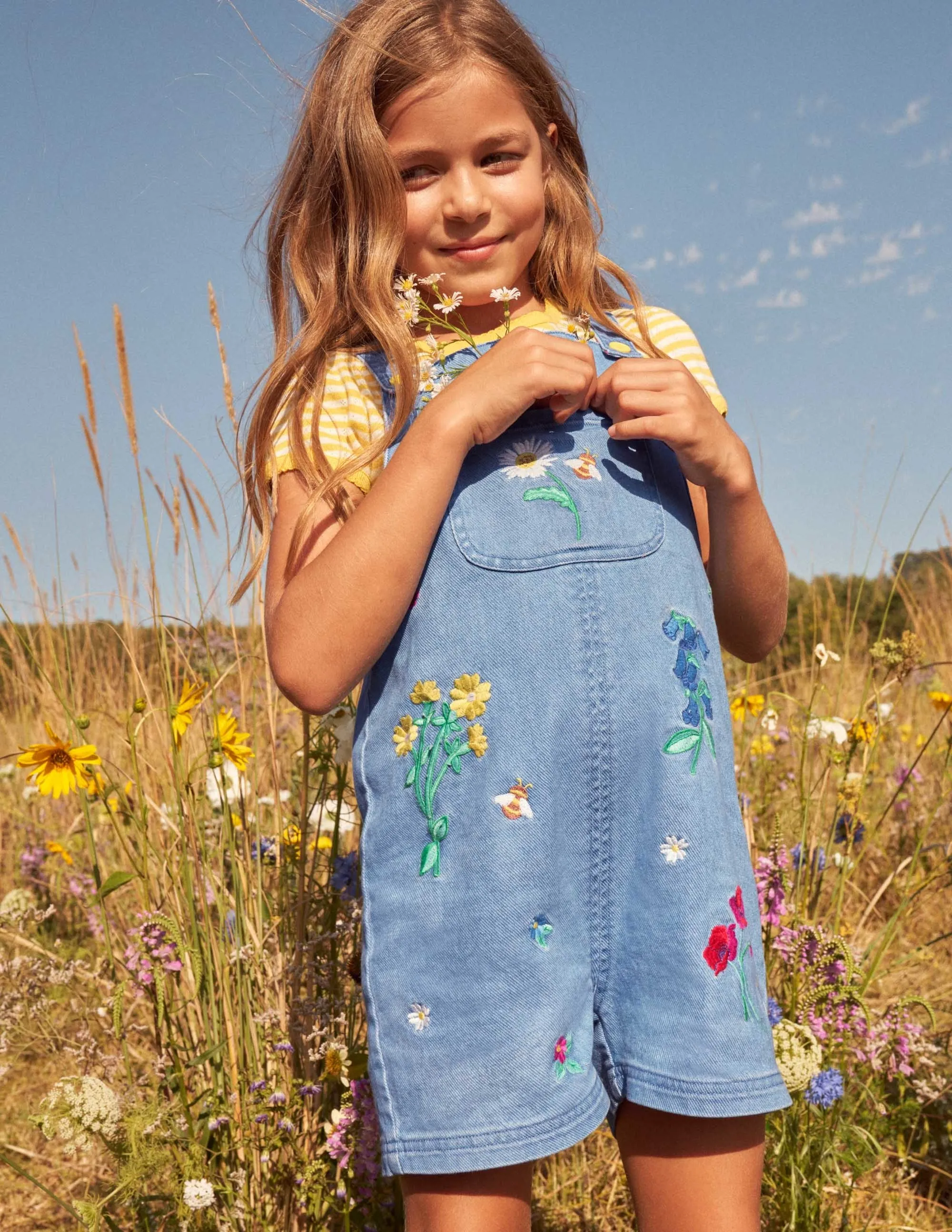 Embroidered Short Dungaree-Mid Vintage Denim Floral