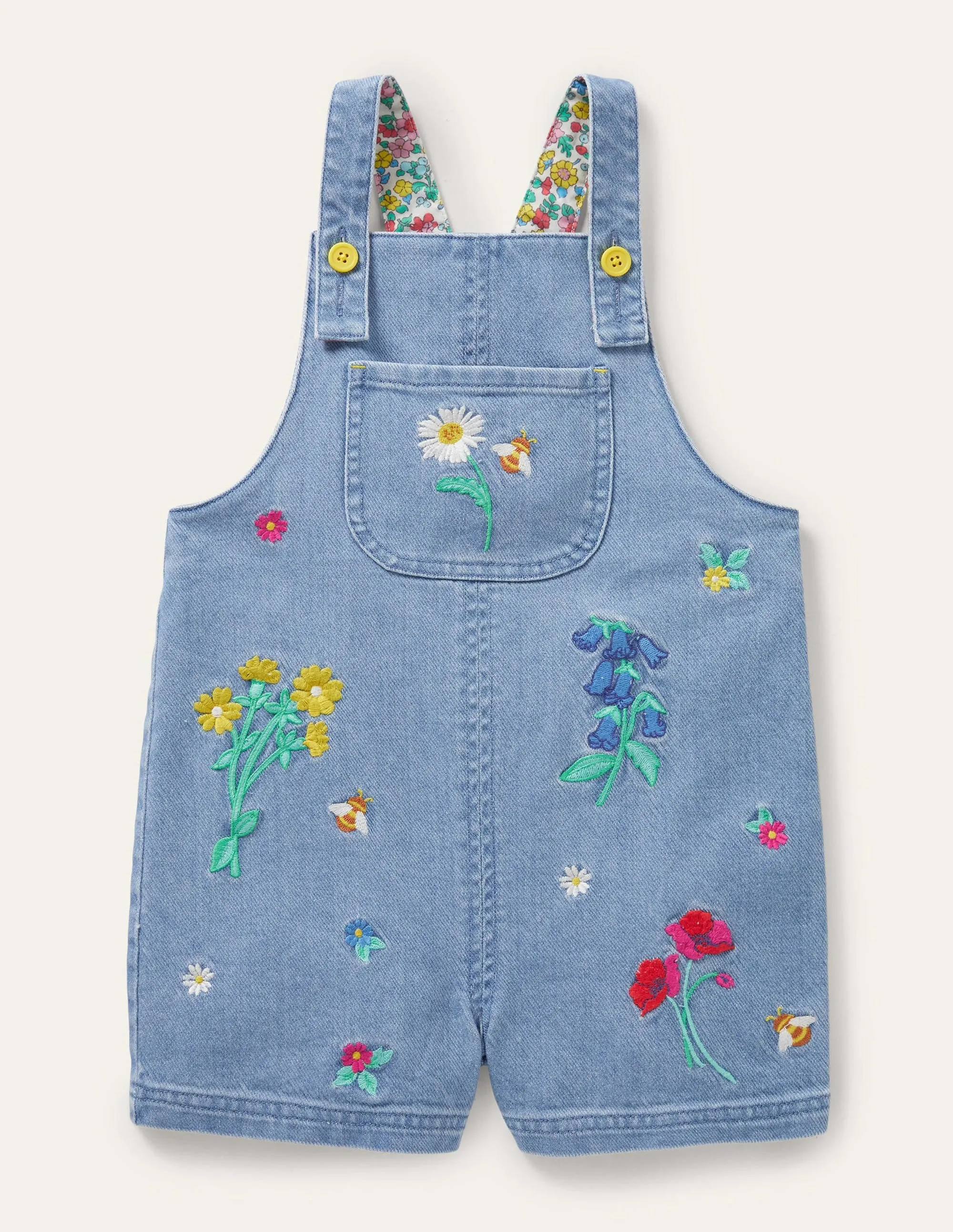 Embroidered Short Dungaree-Mid Vintage Denim Floral