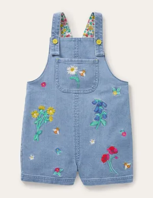 Embroidered Short Dungaree-Mid Vintage Denim Floral