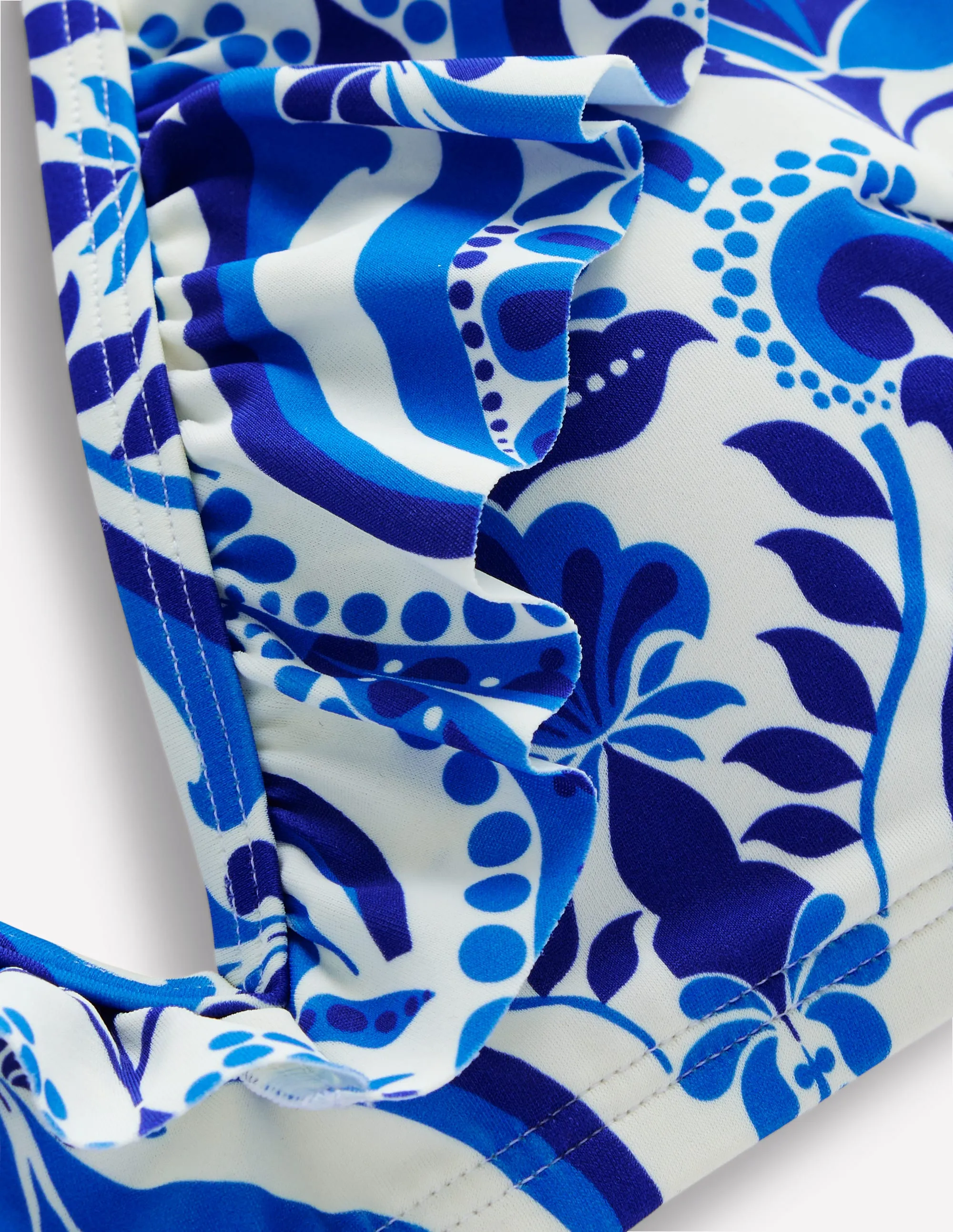 Evia Ruffle Bikini Top-Blue. Ornamental Floral