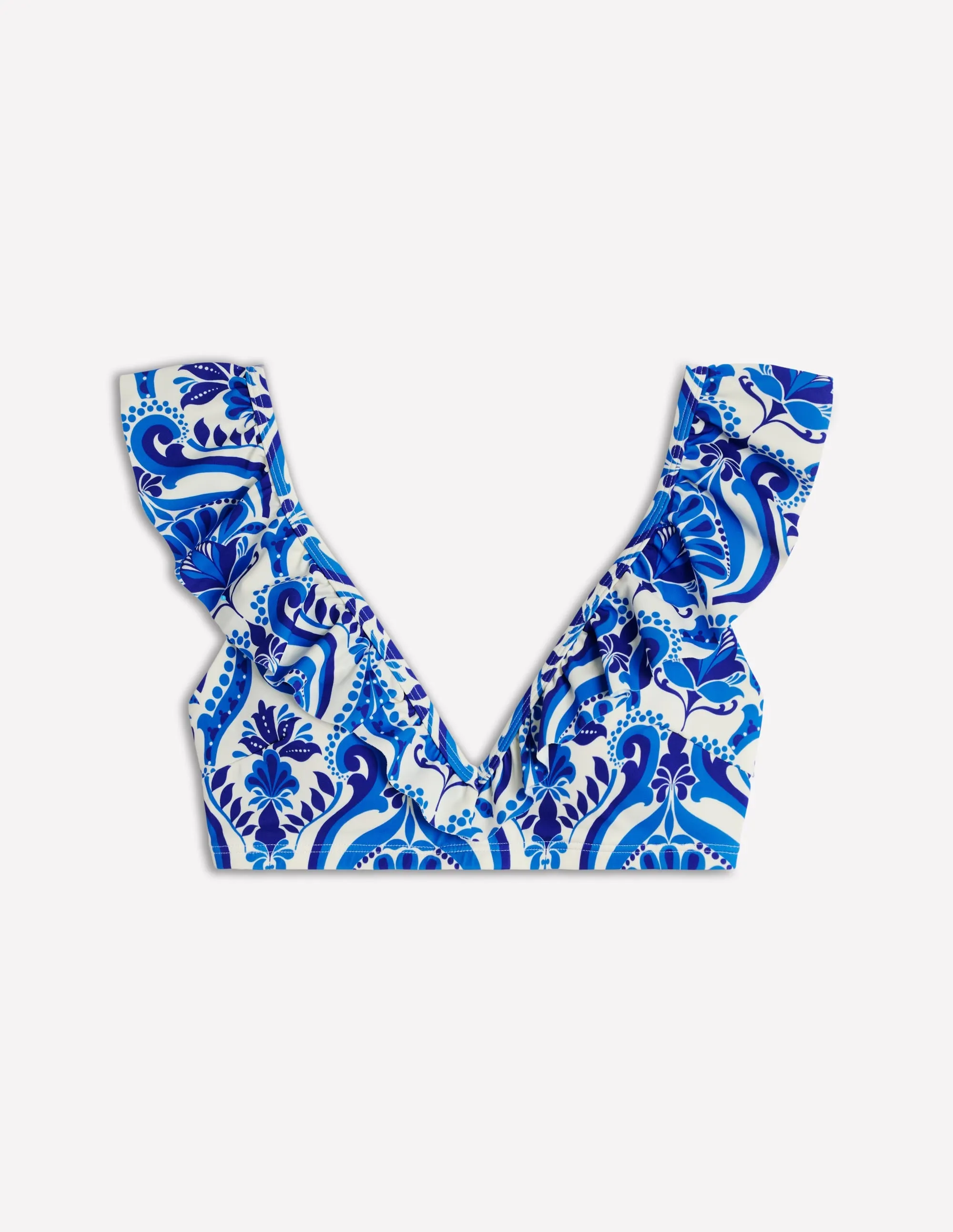Evia Ruffle Bikini Top-Blue. Ornamental Floral