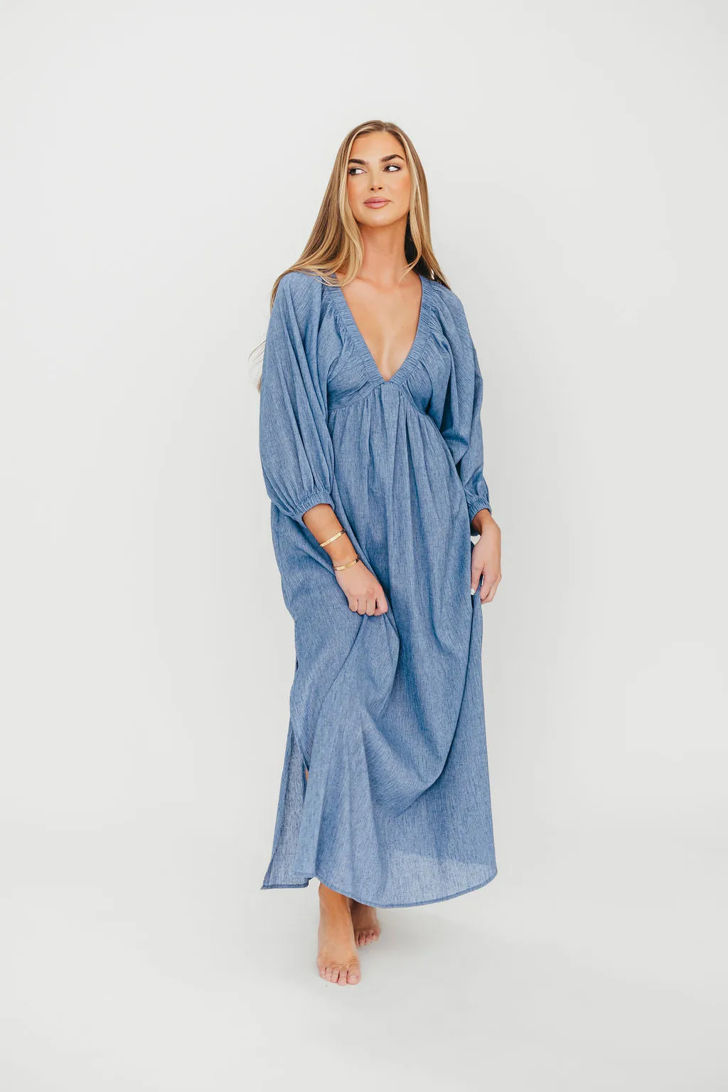 Finn V-Neck Midi Dress in Blue