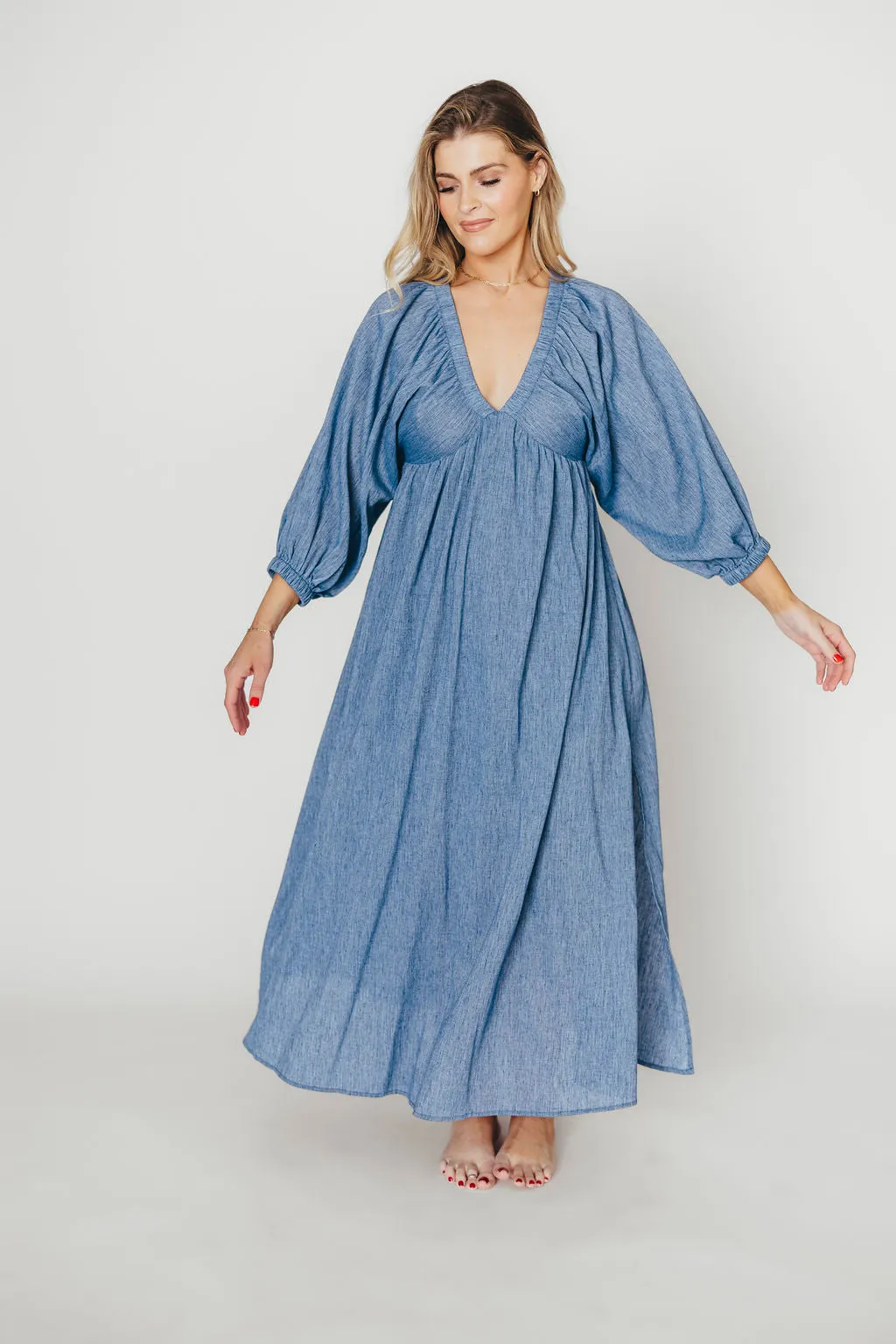 Finn V-Neck Midi Dress in Blue