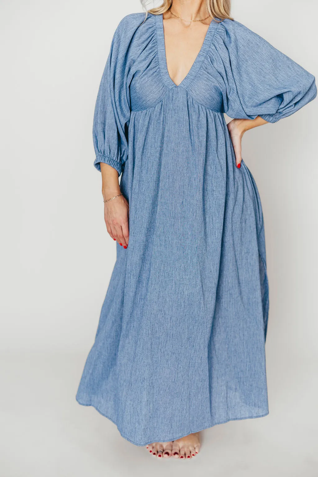 Finn V-Neck Midi Dress in Blue