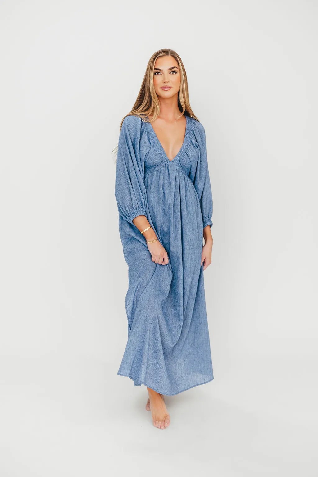 Finn V-Neck Midi Dress in Blue