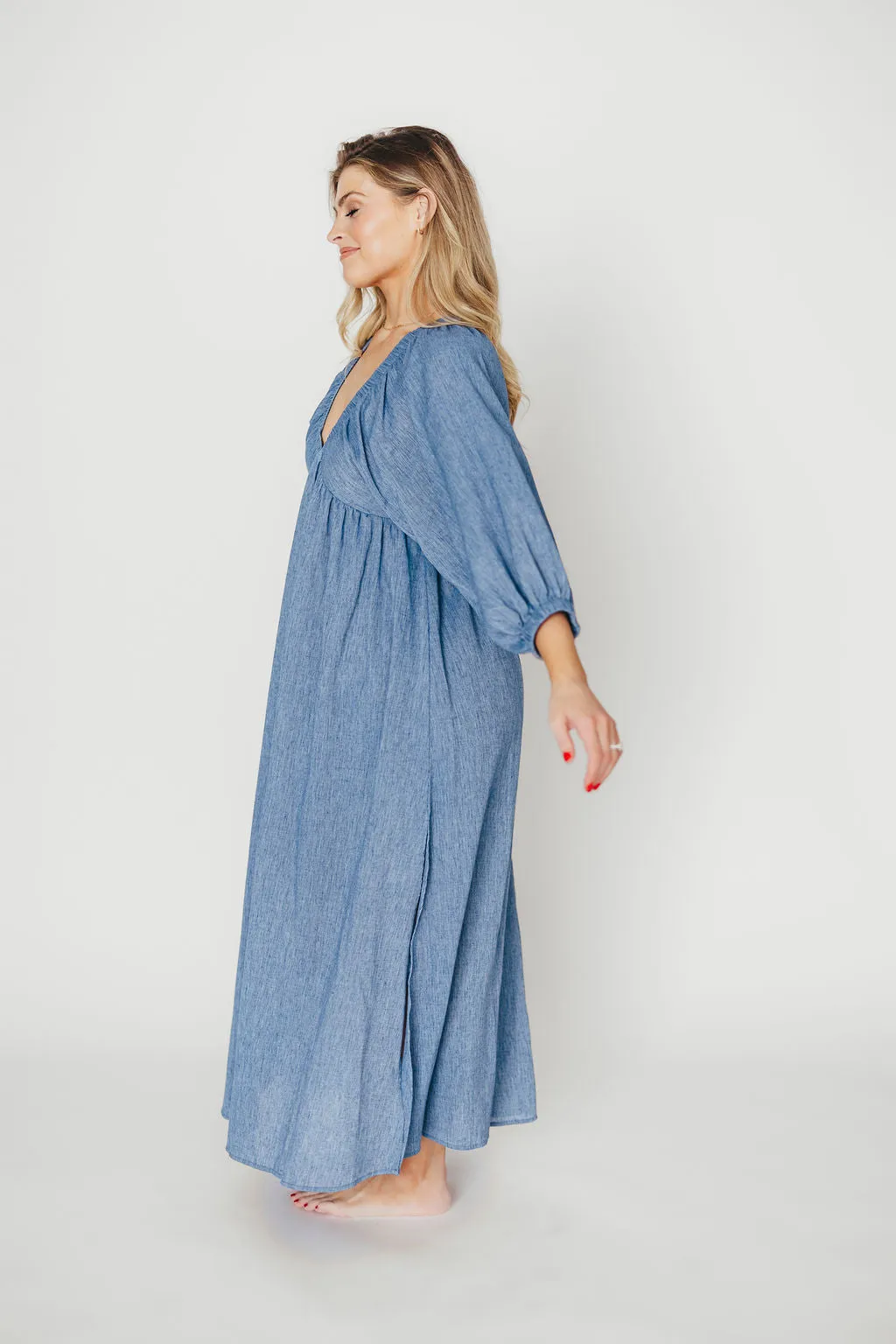 Finn V-Neck Midi Dress in Blue
