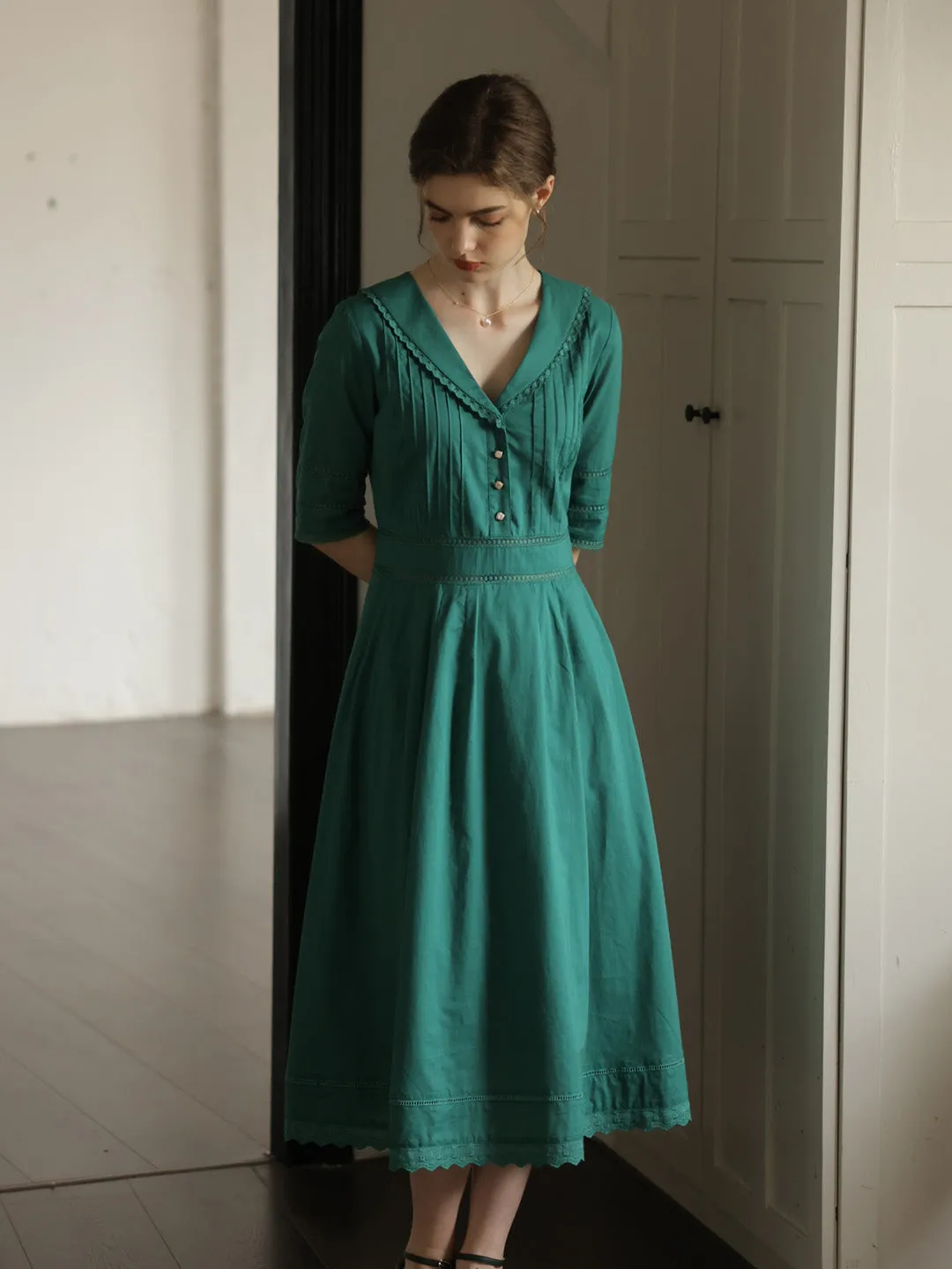 Fiona 100% Cotton Gray Blue Midi Dress