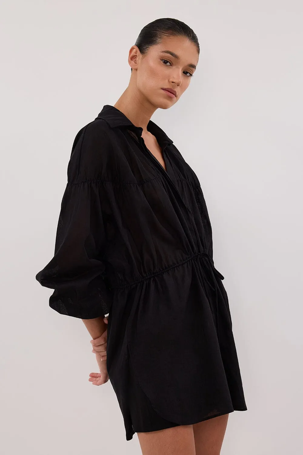 FLOYCE BLACK LINEN LONG SLEEVE TOP