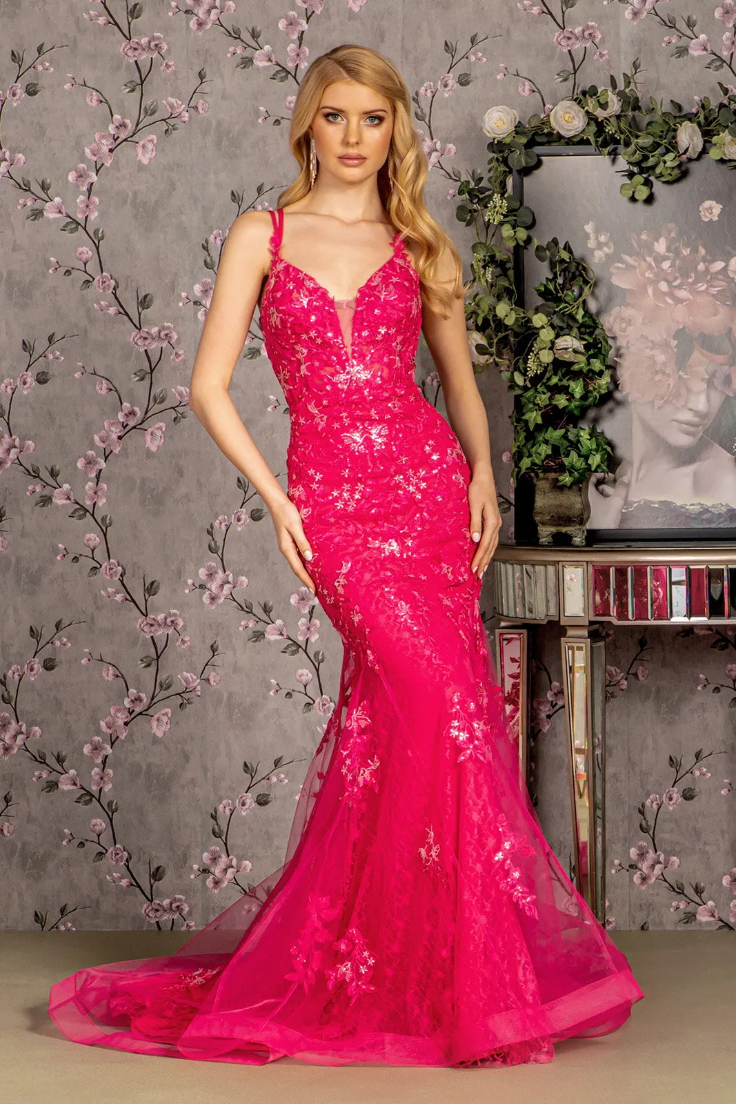 Formal Long Floral Sequin Mermaid Prom Dress