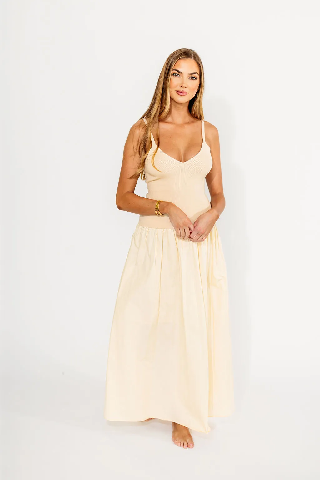 Gaby V-Neck Mixed Media Maxi Dress in Cream