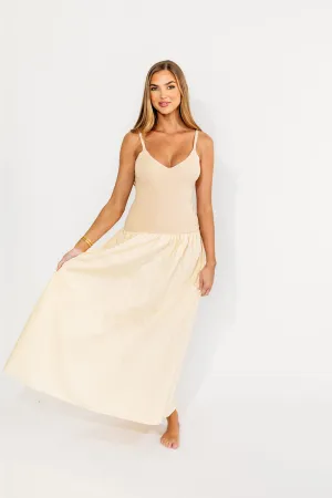 Gaby V-Neck Mixed Media Maxi Dress in Cream
