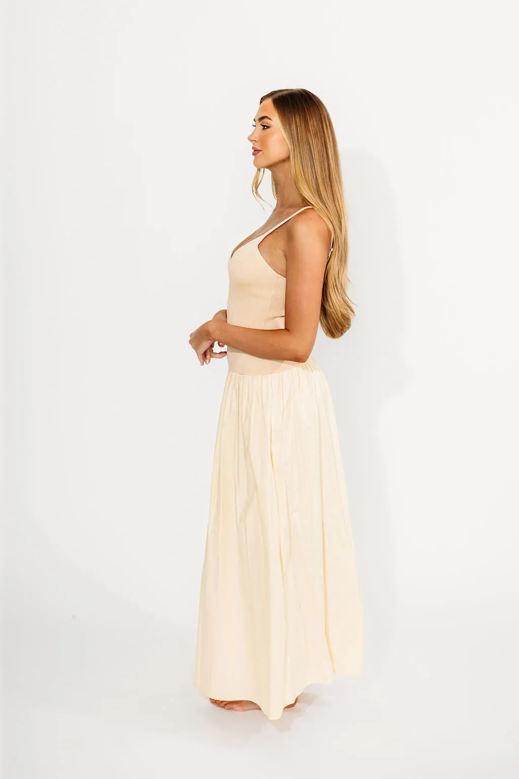 Gaby V-Neck Mixed Media Maxi Dress in Cream