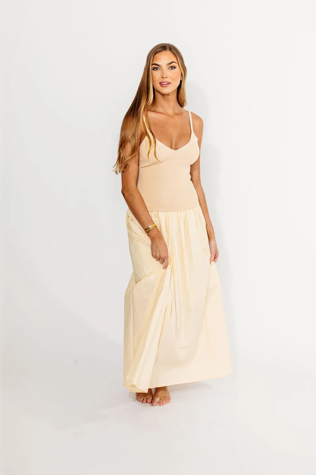 Gaby V-Neck Mixed Media Maxi Dress in Cream