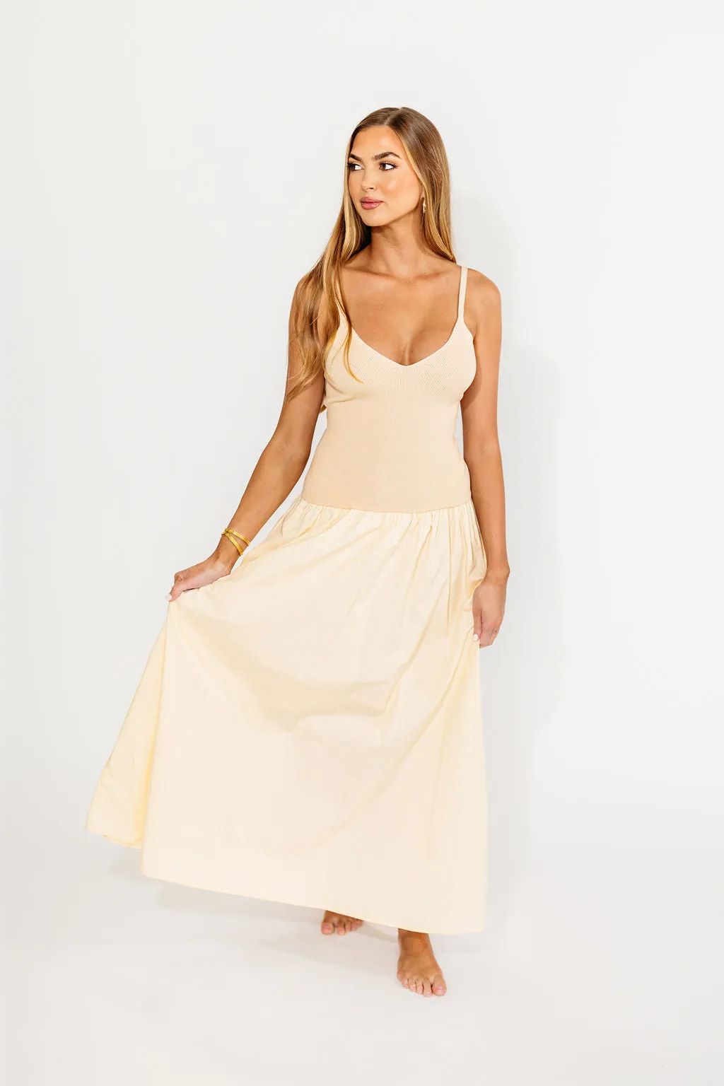 Gaby V-Neck Mixed Media Maxi Dress in Cream