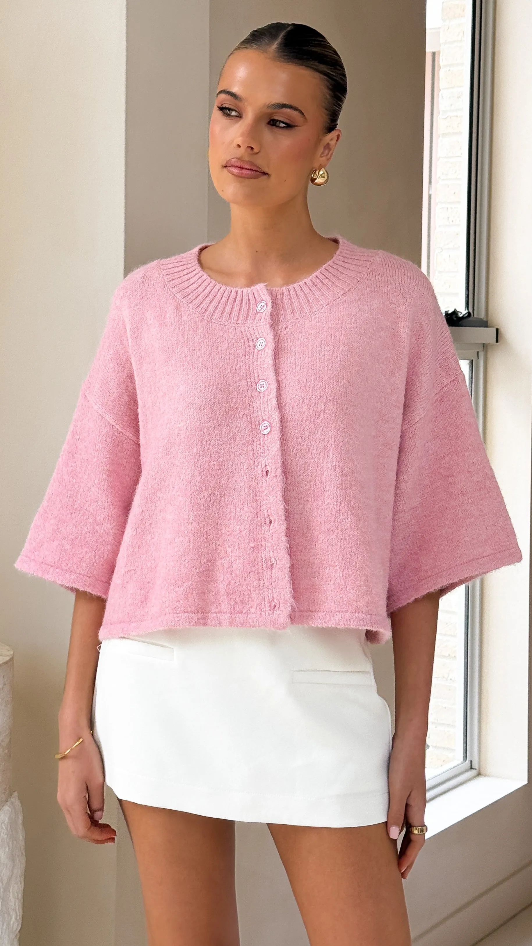 Gazelle Button Up Knit T-Shirt - Pink