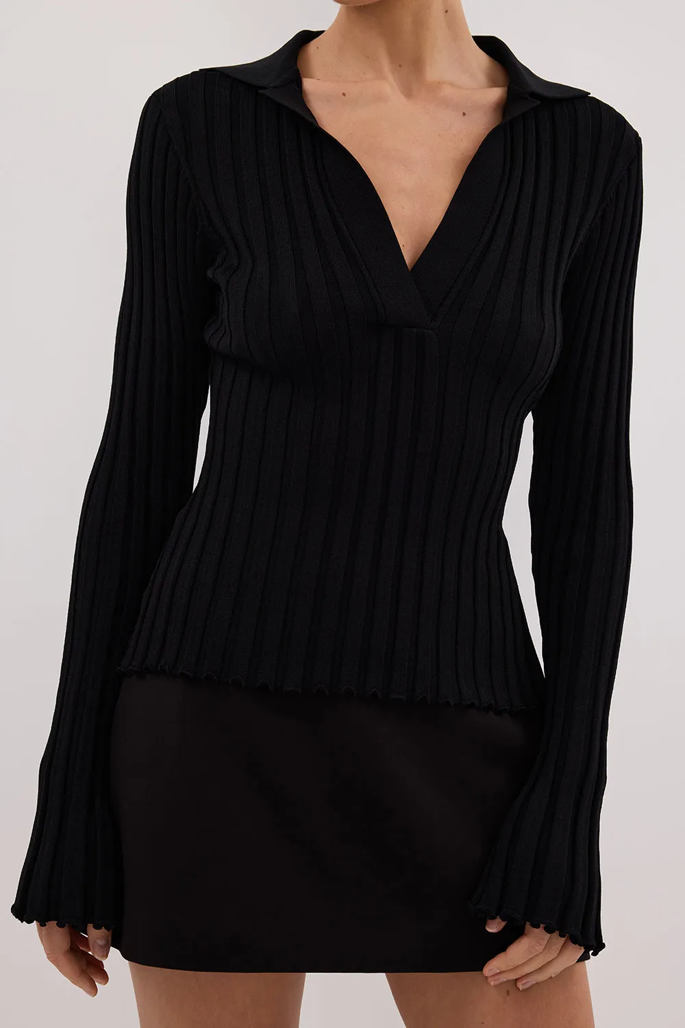 HAL BLACK POLO LONG SLEEVE KNIT TOP