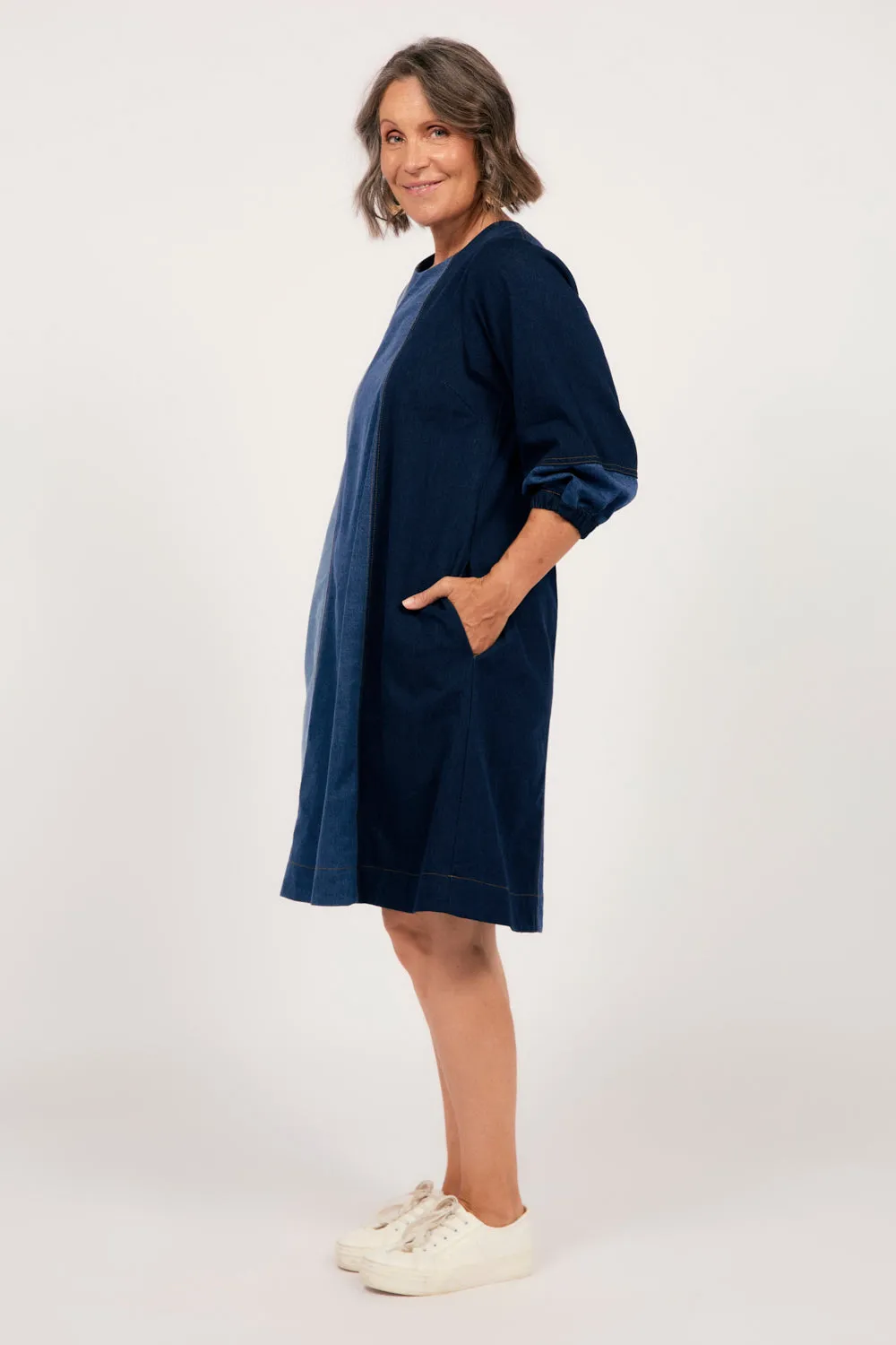 Hazel Denim Shift Dress in Patchwork