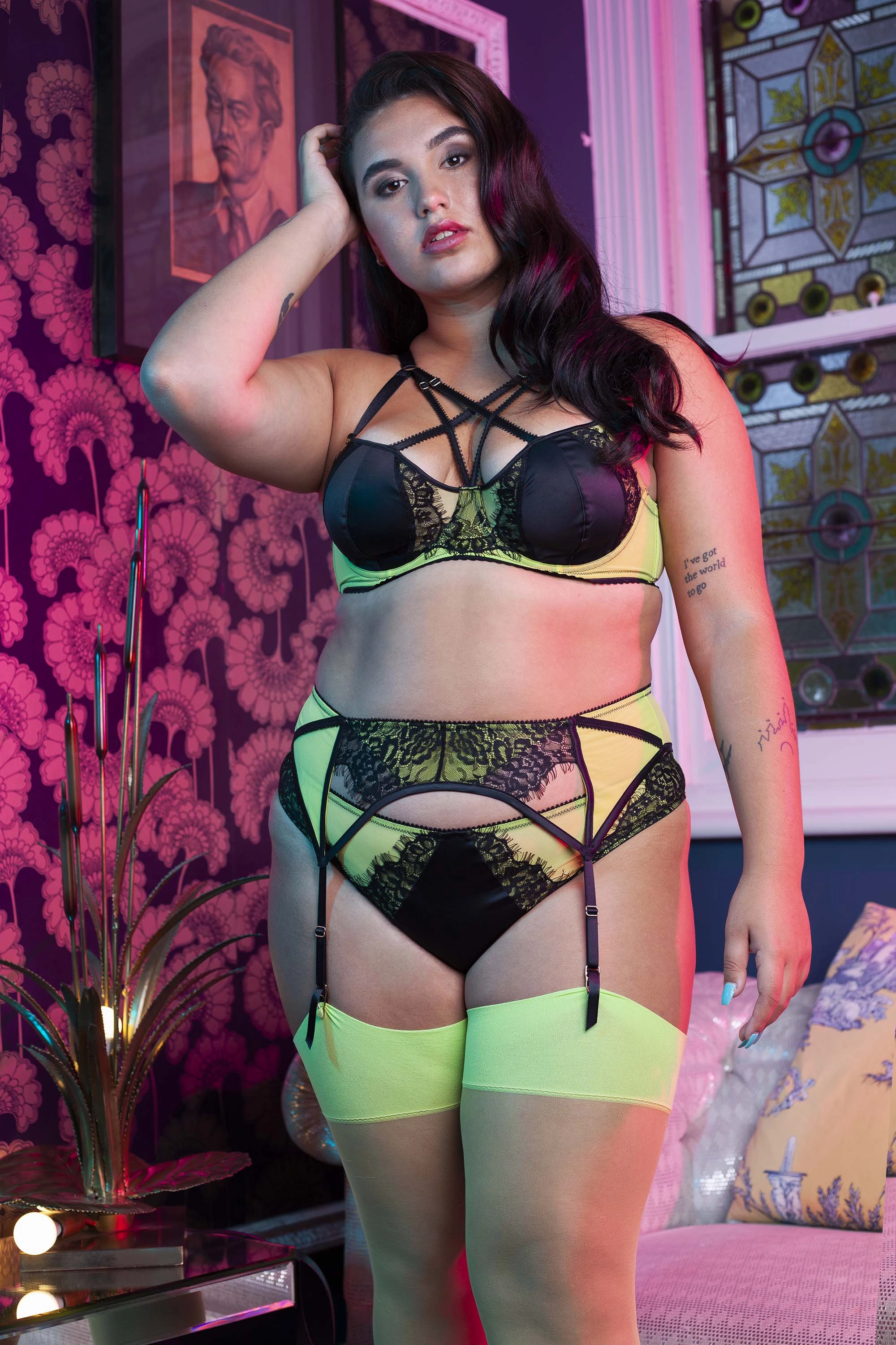 Indigo Lime Satin and Lace Picot Suspender