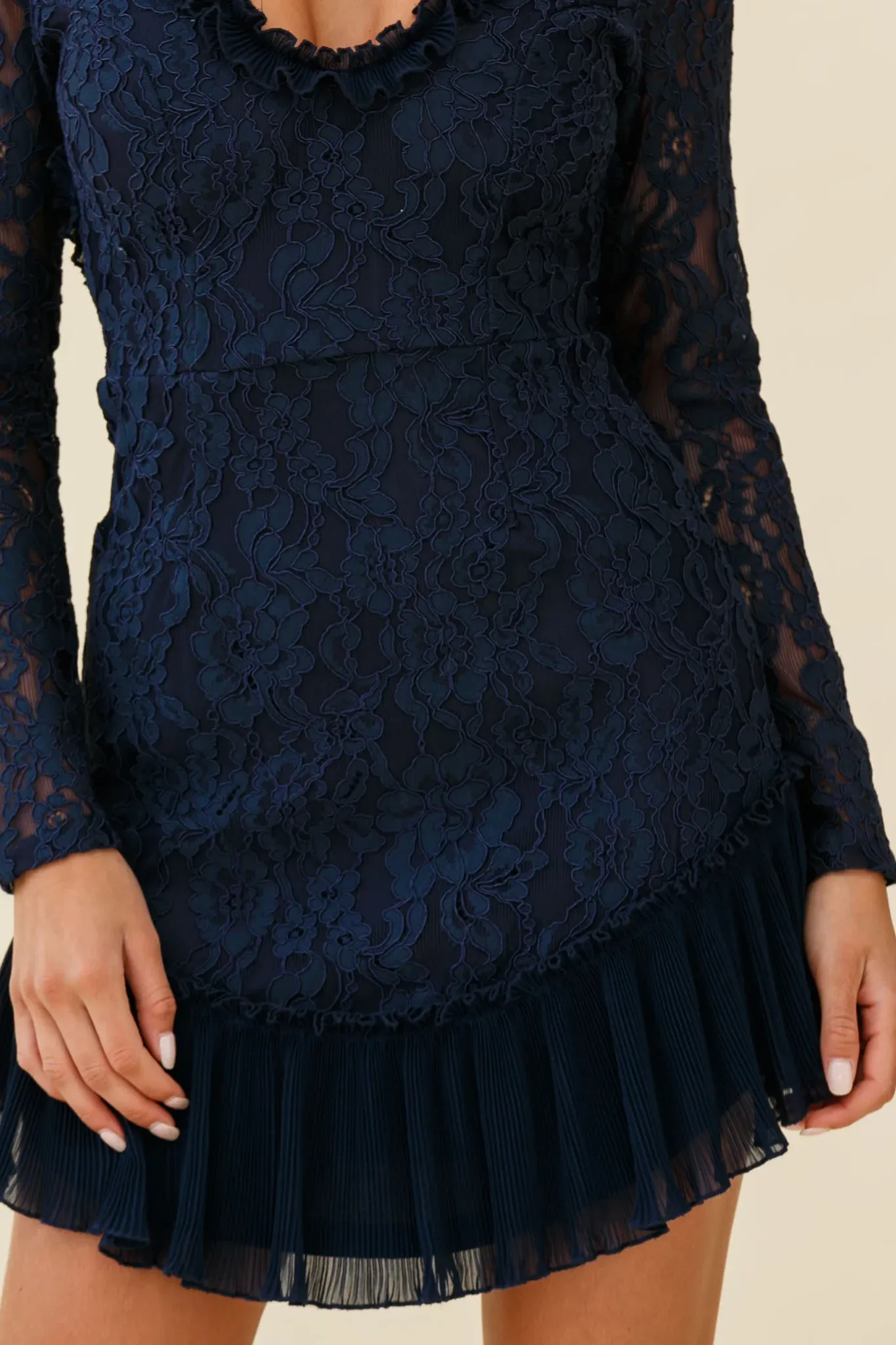 Isabella Long Sleeve Open Back Lace Dress Navy