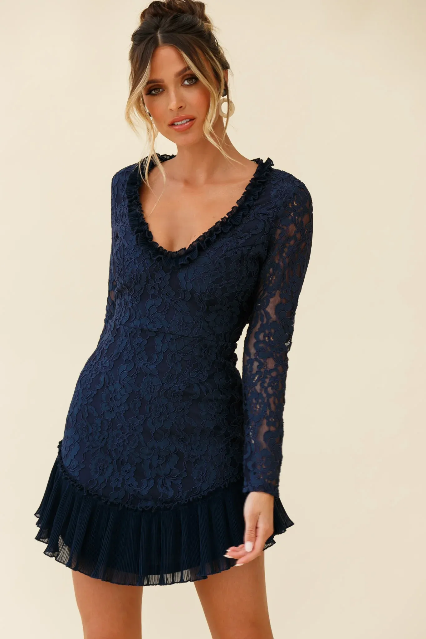 Isabella Long Sleeve Open Back Lace Dress Navy