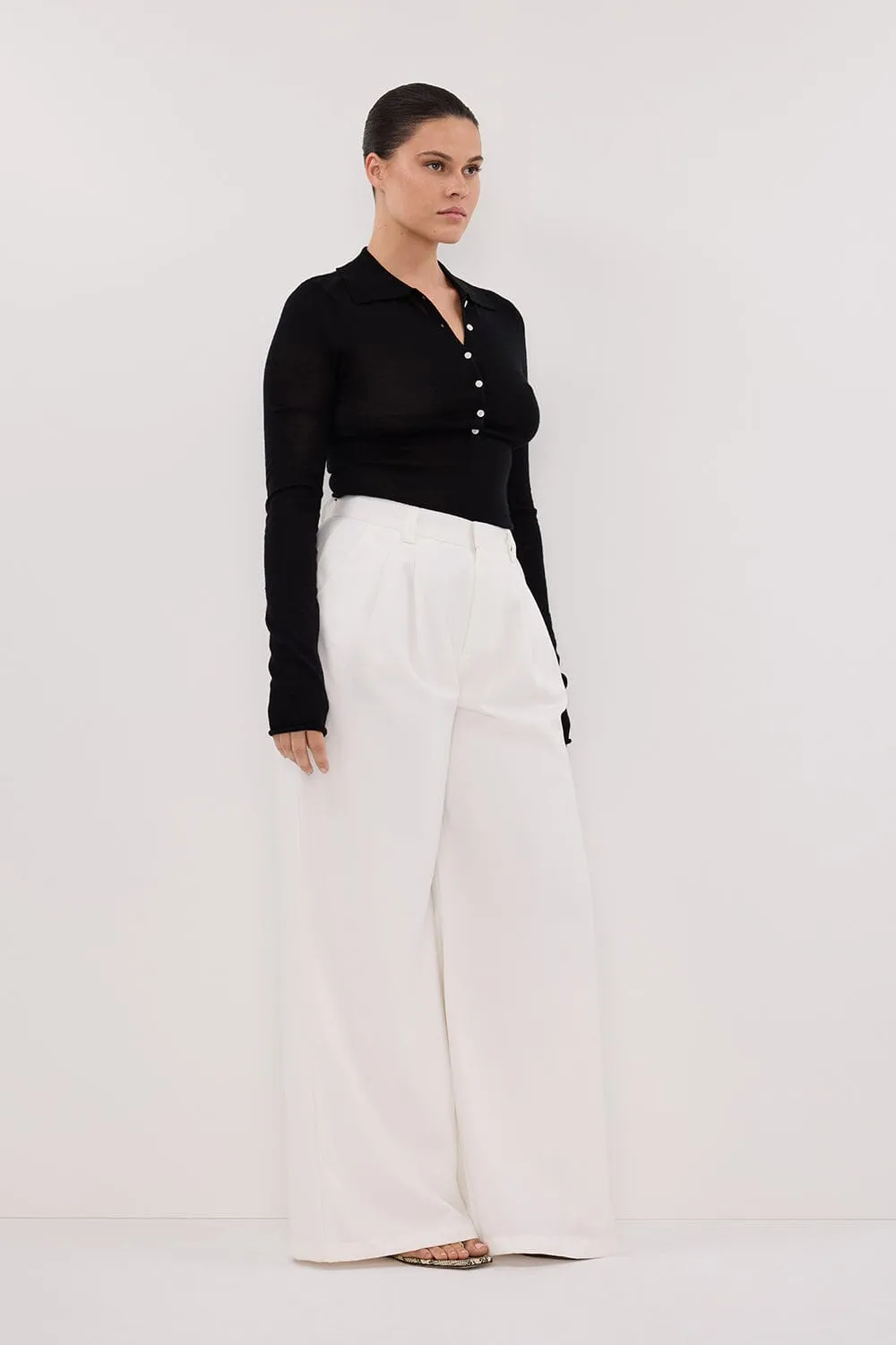 JANE BLACK MERINO POLO KNIT TOP