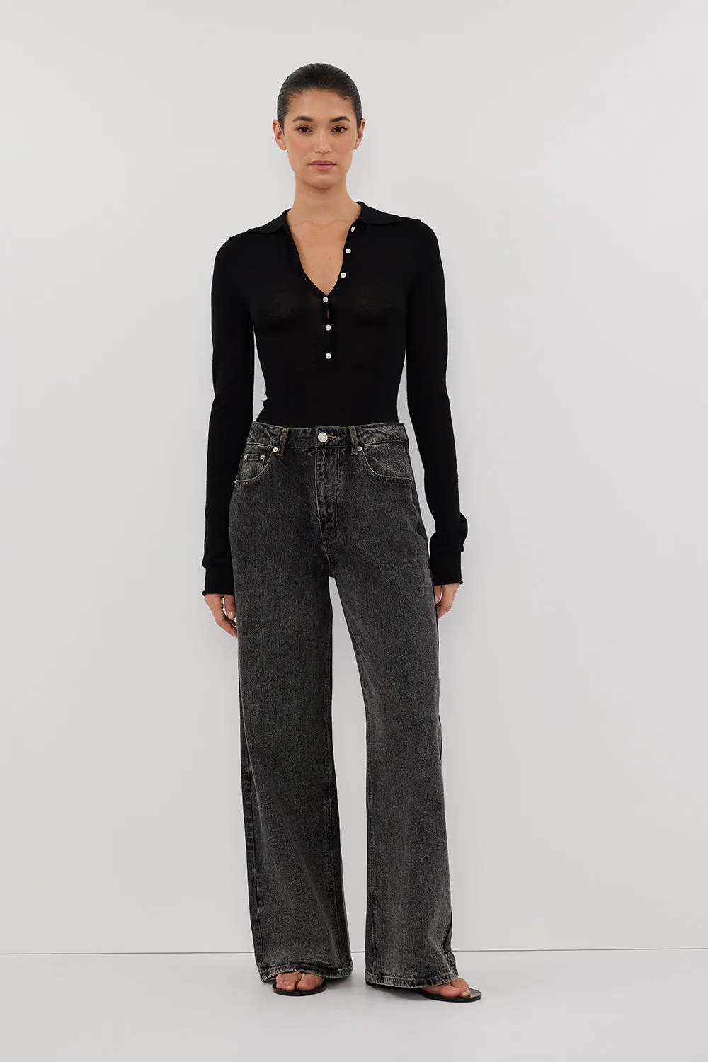 JANE BLACK MERINO POLO KNIT TOP