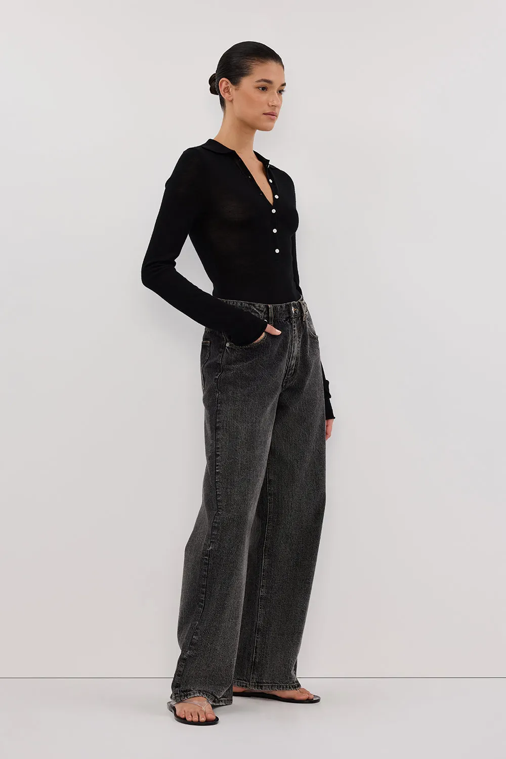 JANE BLACK MERINO POLO KNIT TOP