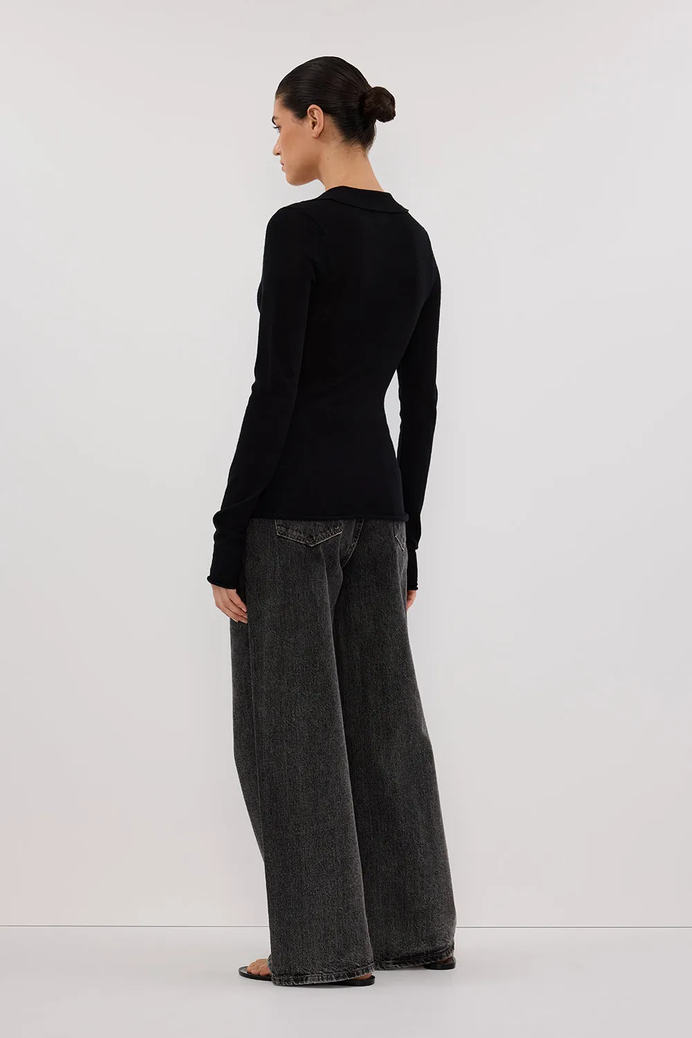 JANE BLACK MERINO POLO KNIT TOP