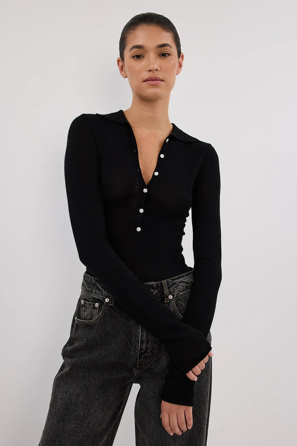 JANE BLACK MERINO POLO KNIT TOP