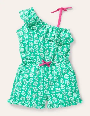 Jersey One Shoulder Playsuit-Tropical Green Woodblock