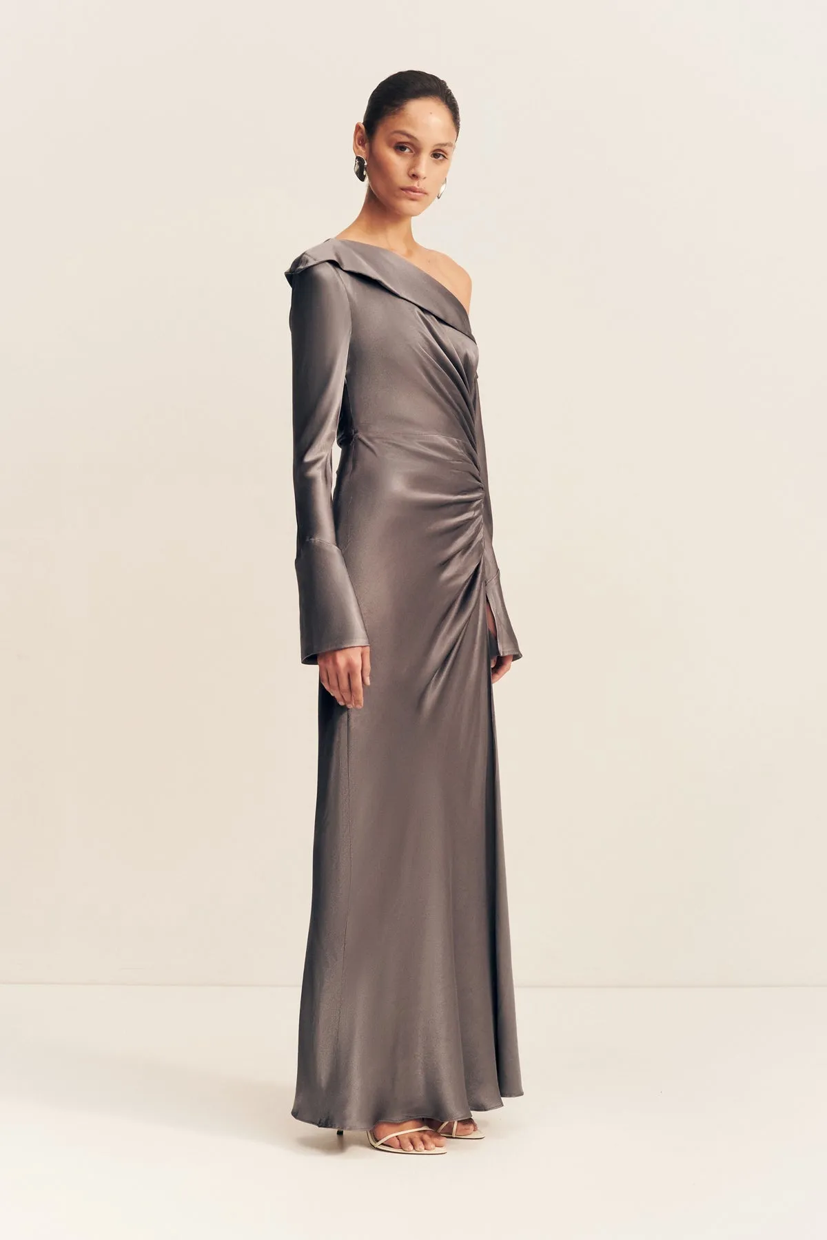 LA LUNE LONG SLEEVE GATHERED MAXI DRESS - GRAPHITE