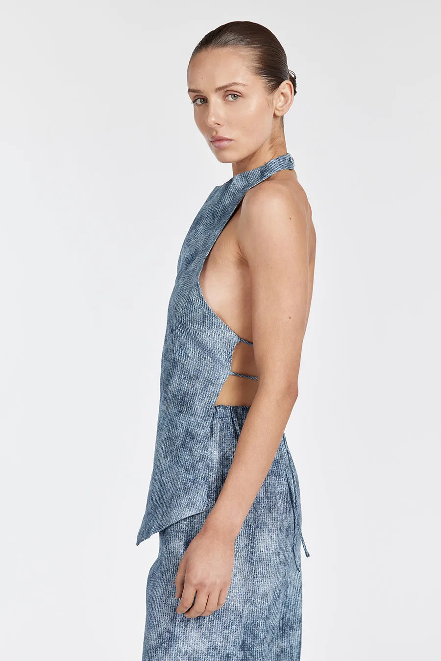 LEON ASYM LINEN HALTER TOP