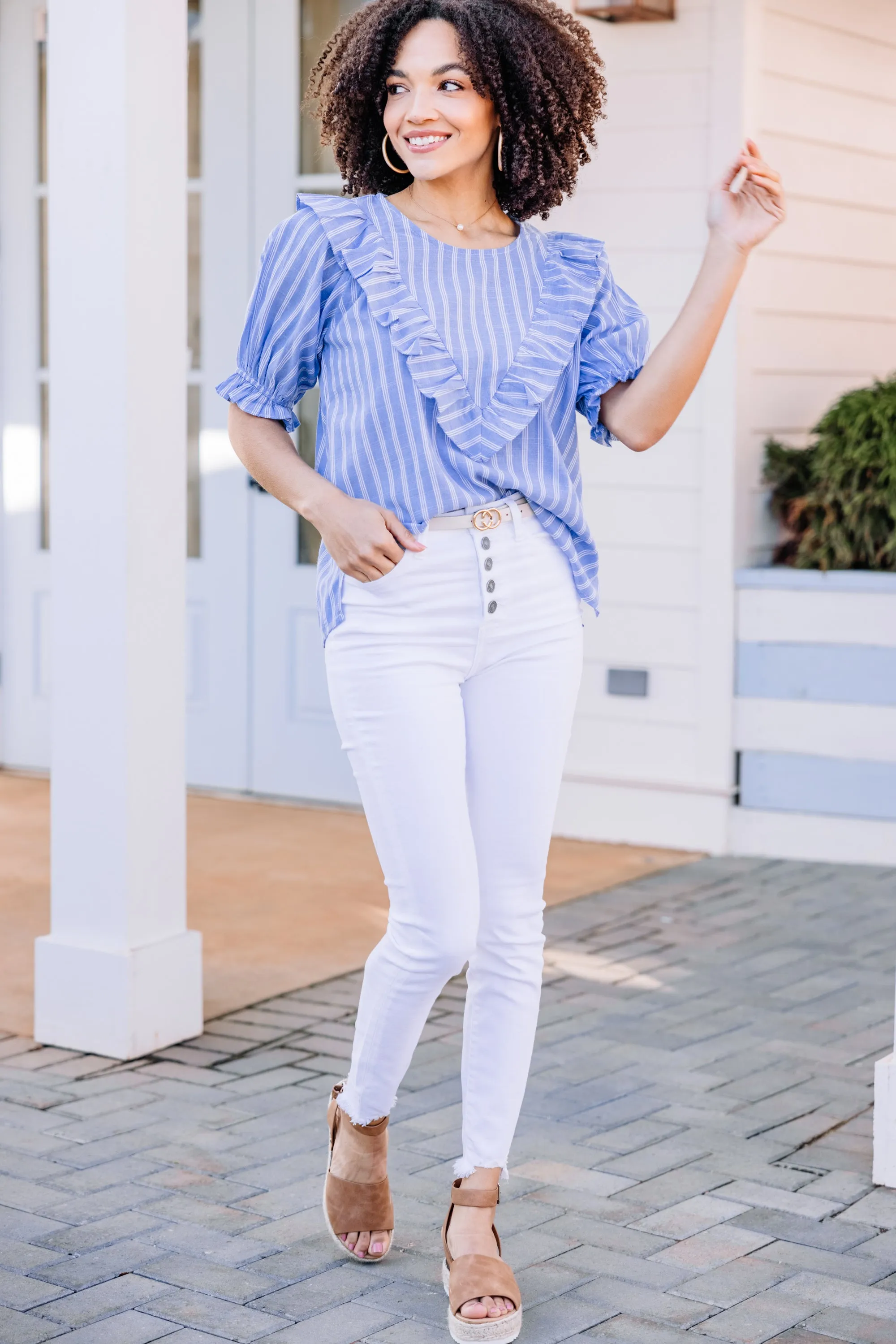 Living In The Moment Light Blue Striped Top