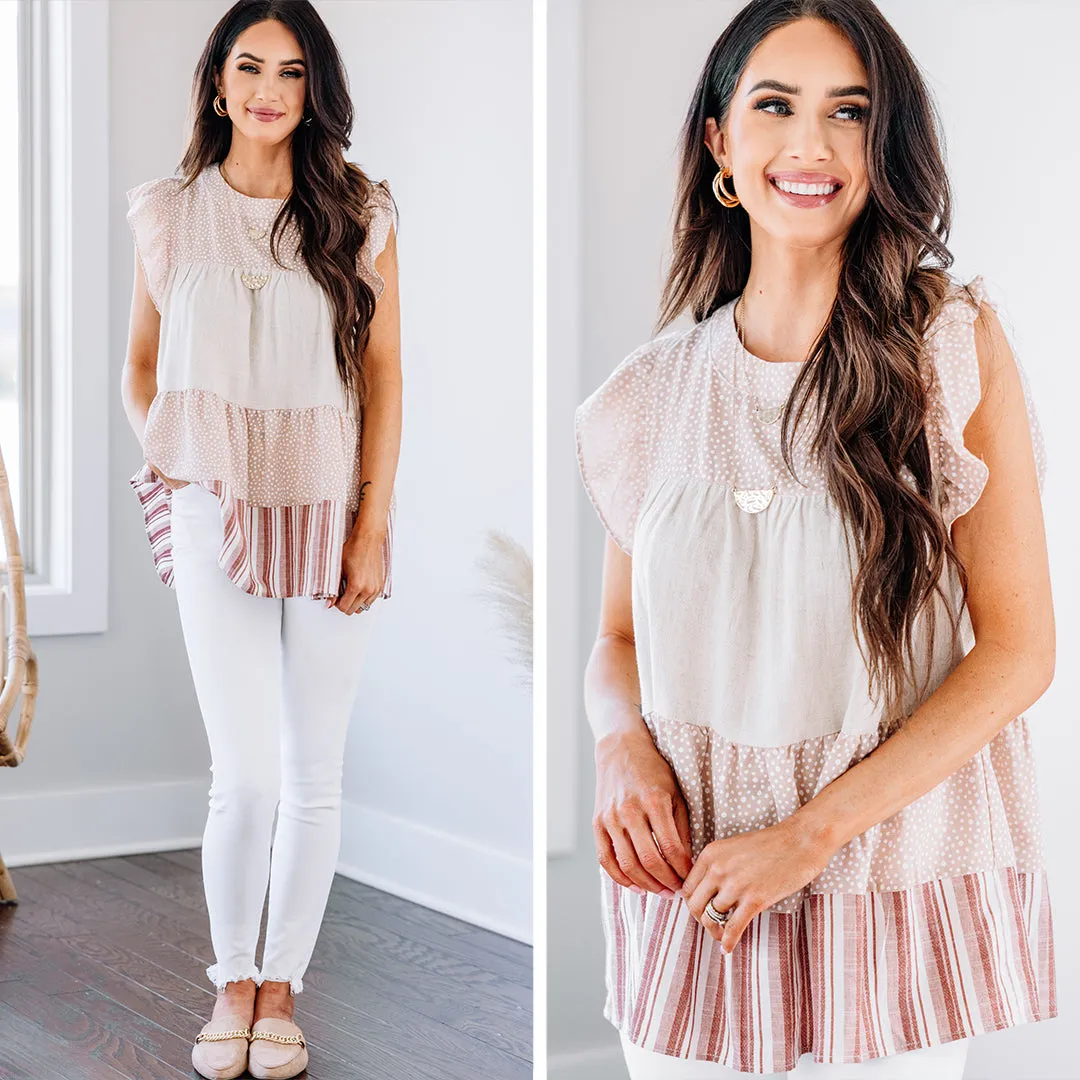 Looking Like Fun Latte Brown Mixed Print Babydoll Top