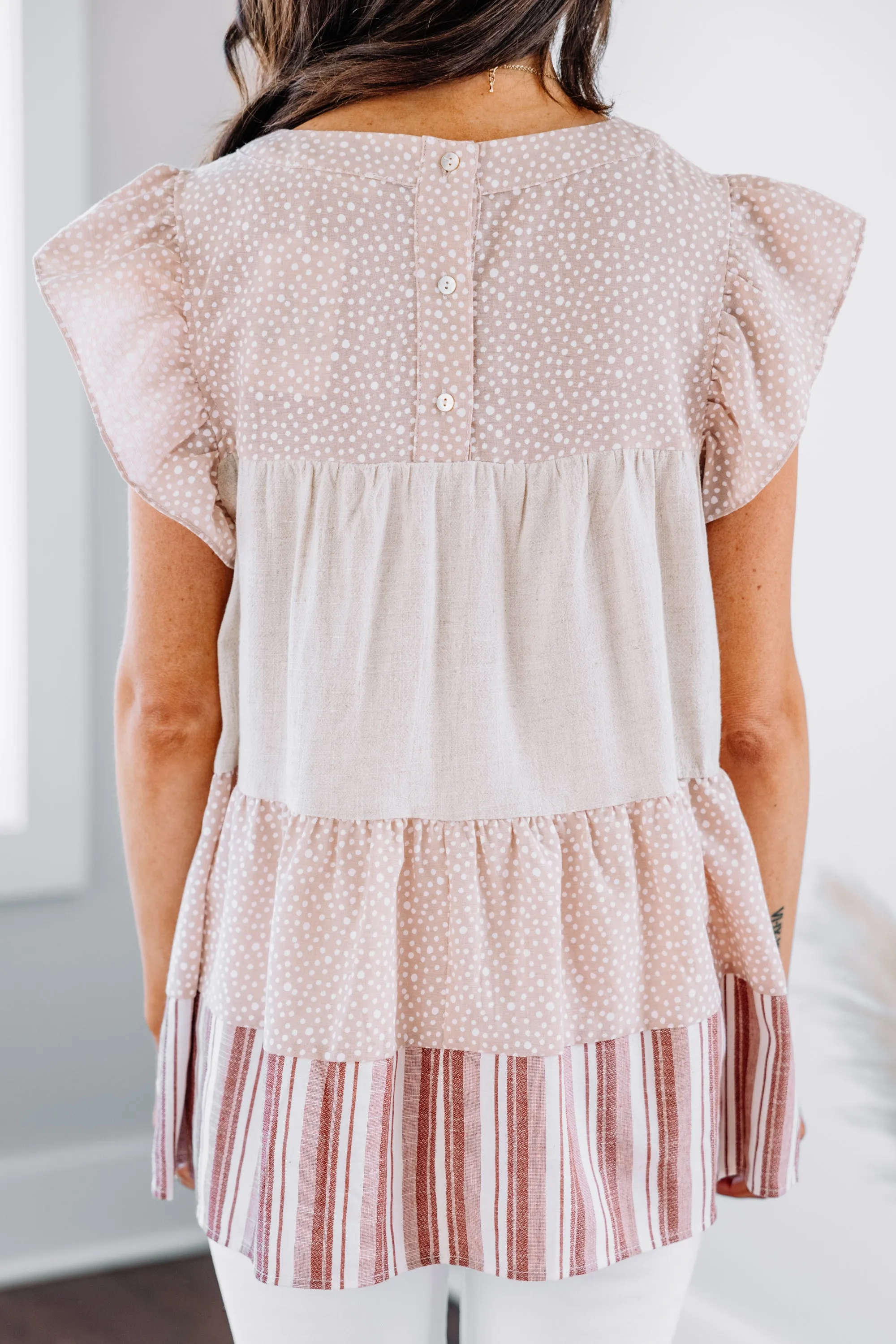 Looking Like Fun Latte Brown Mixed Print Babydoll Top