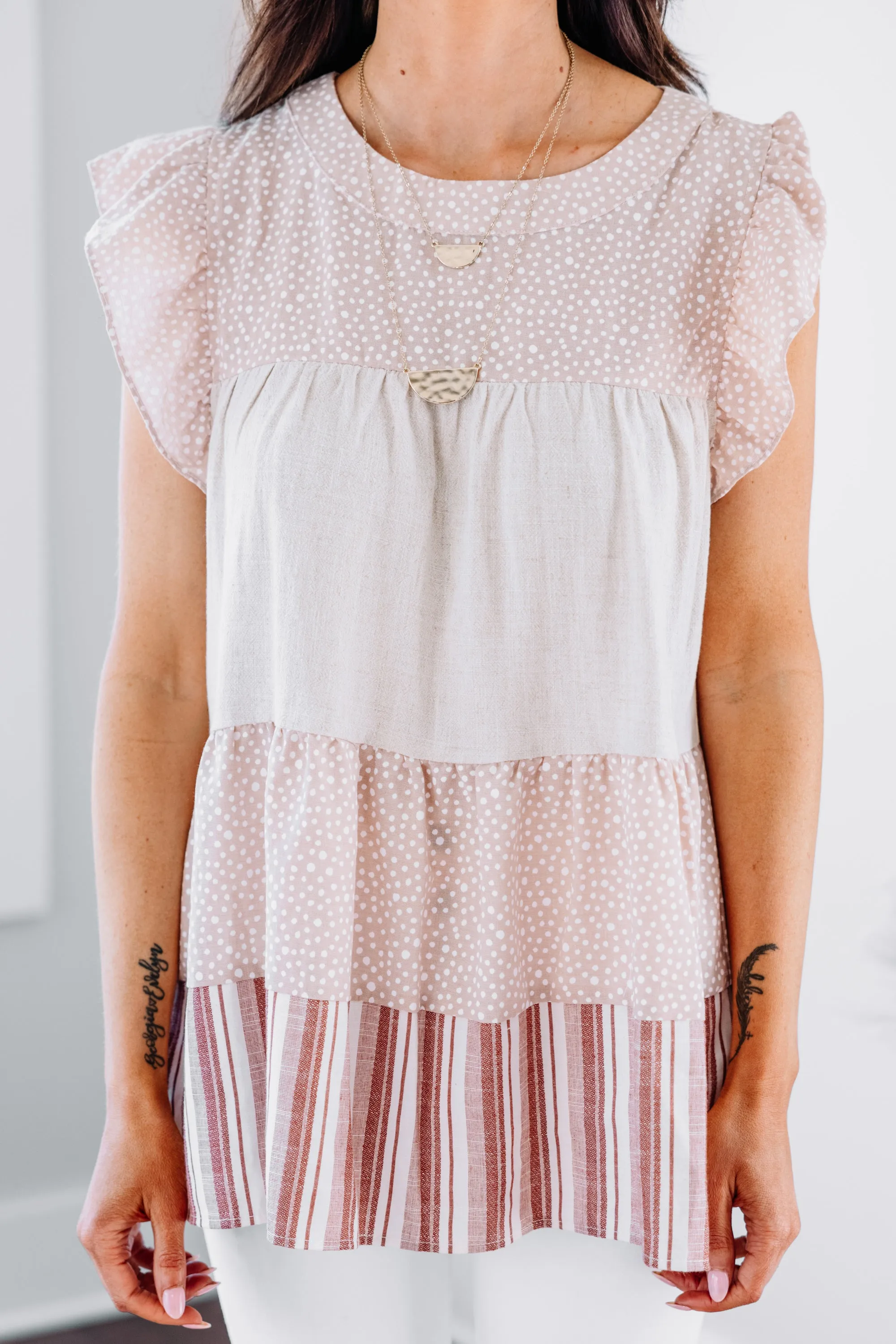 Looking Like Fun Latte Brown Mixed Print Babydoll Top