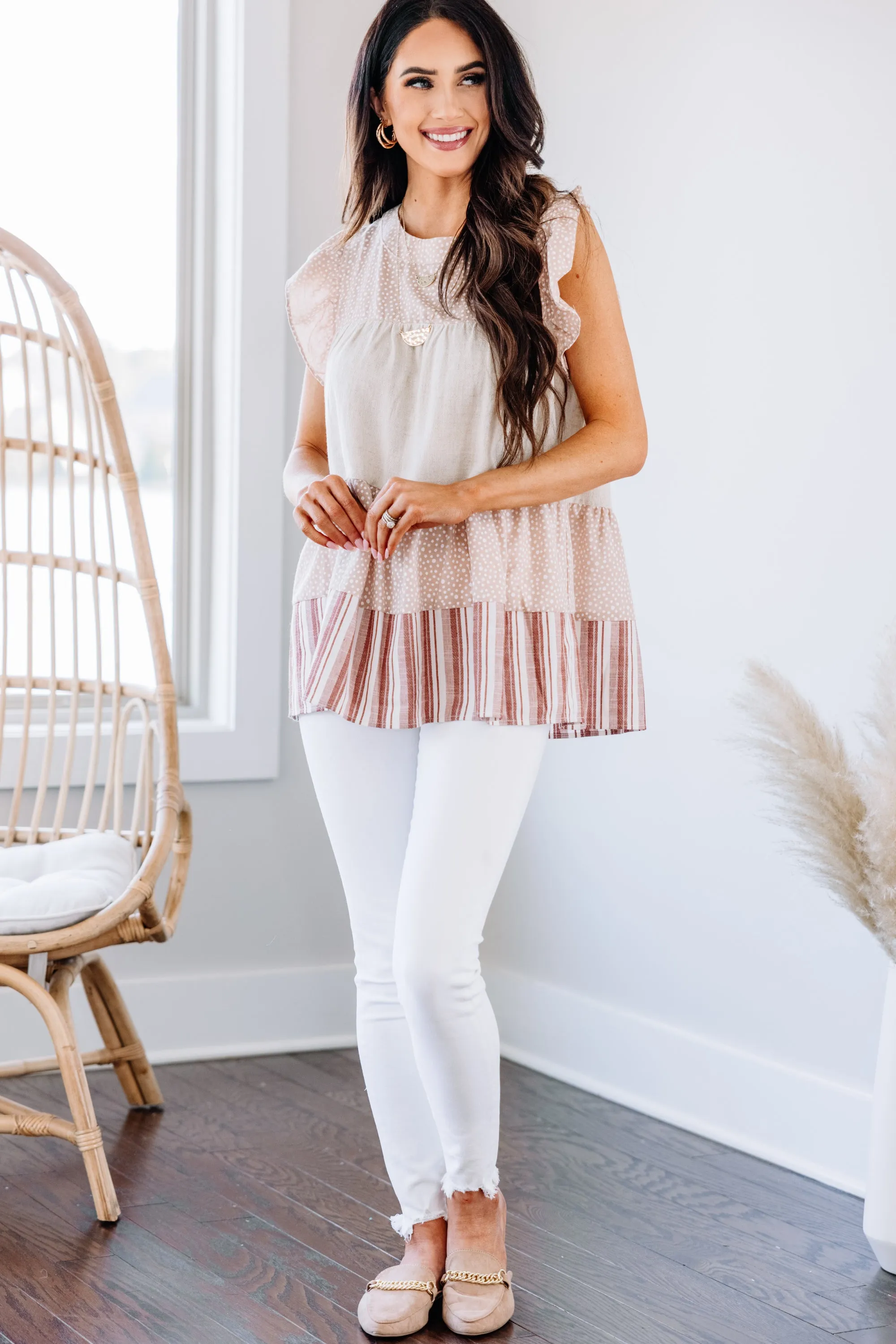 Looking Like Fun Latte Brown Mixed Print Babydoll Top