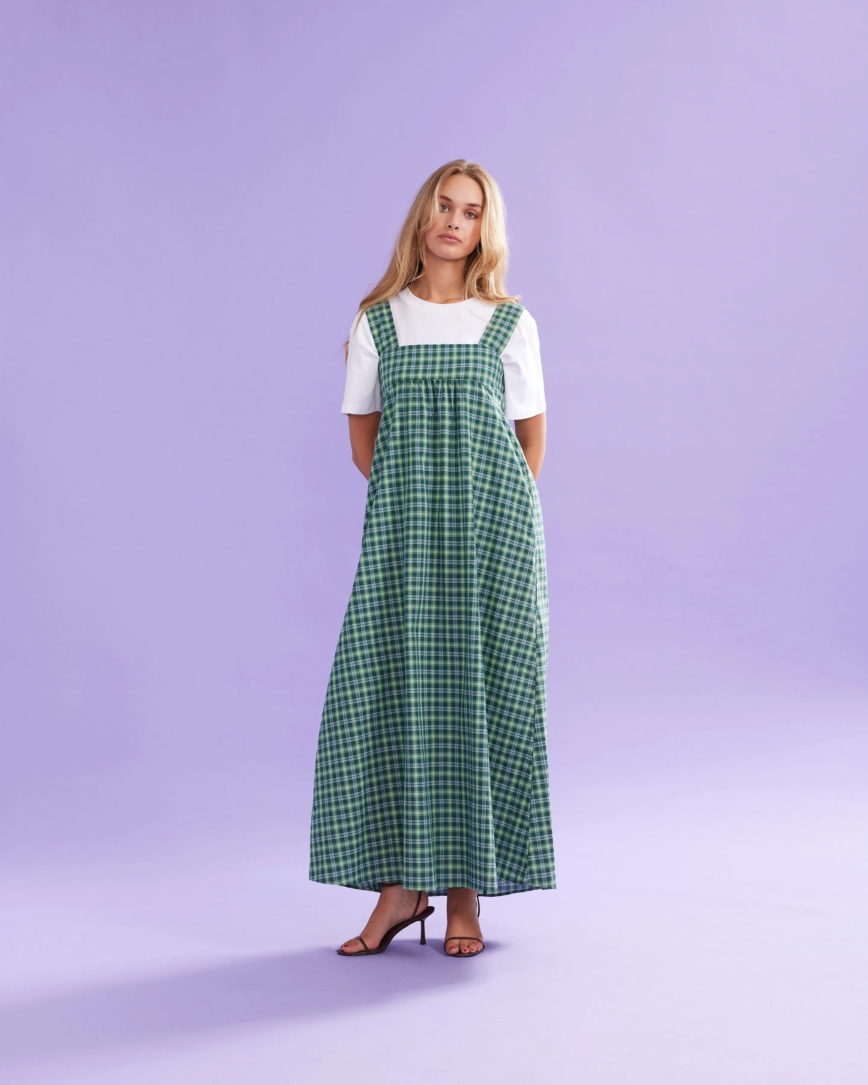 MARGIE TIE-BACK MAXI DRESS GREEN TARTAN