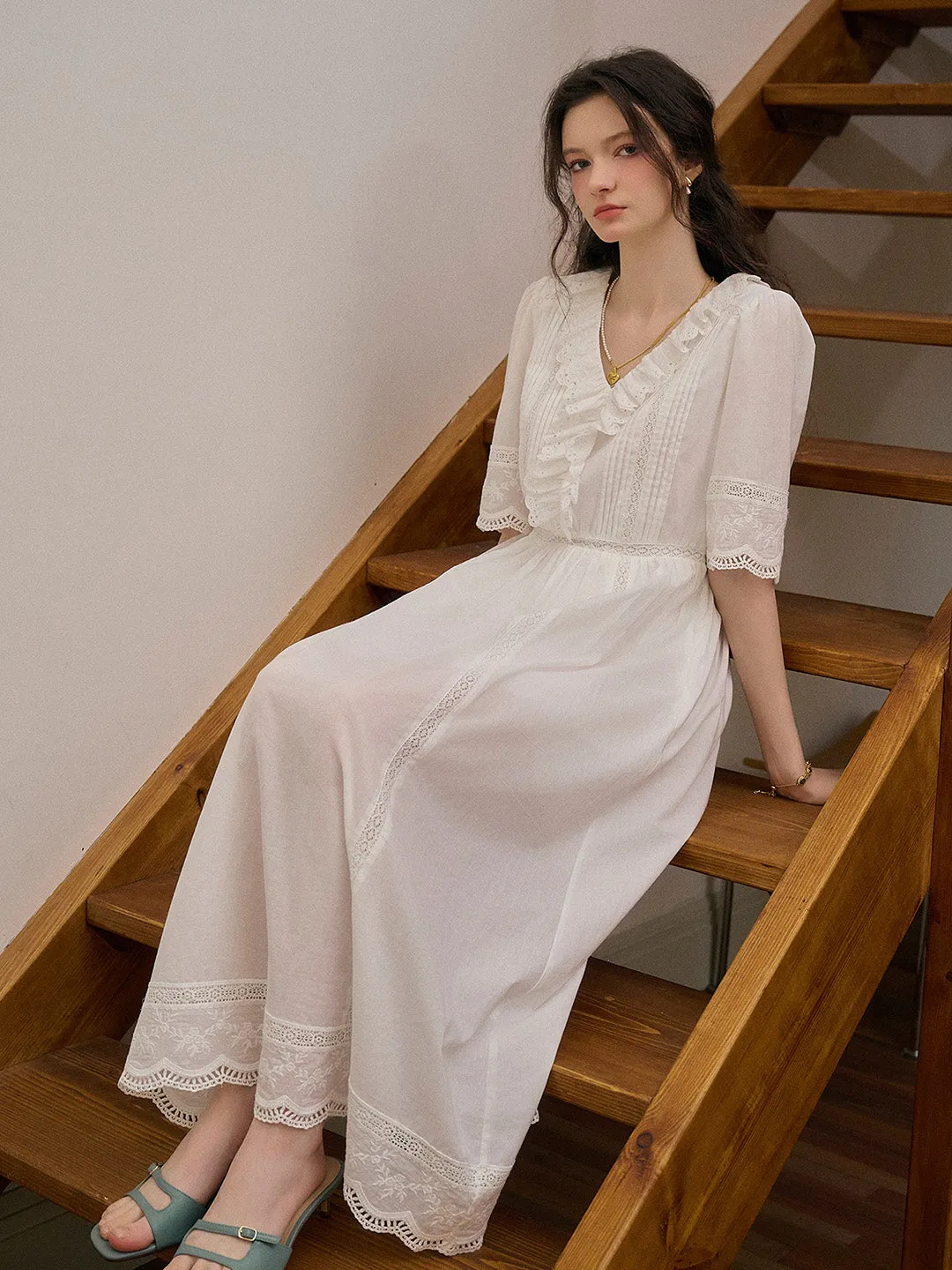 Noelle Ruffle V-Neck 100% Cotton Dress