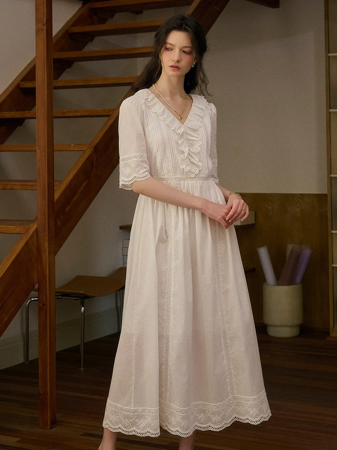 Noelle Ruffle V-Neck 100% Cotton Dress