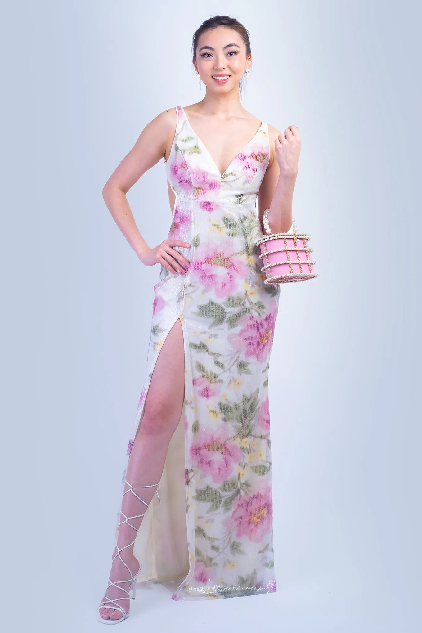 Pink Green Floral Sequin V Neck Gown